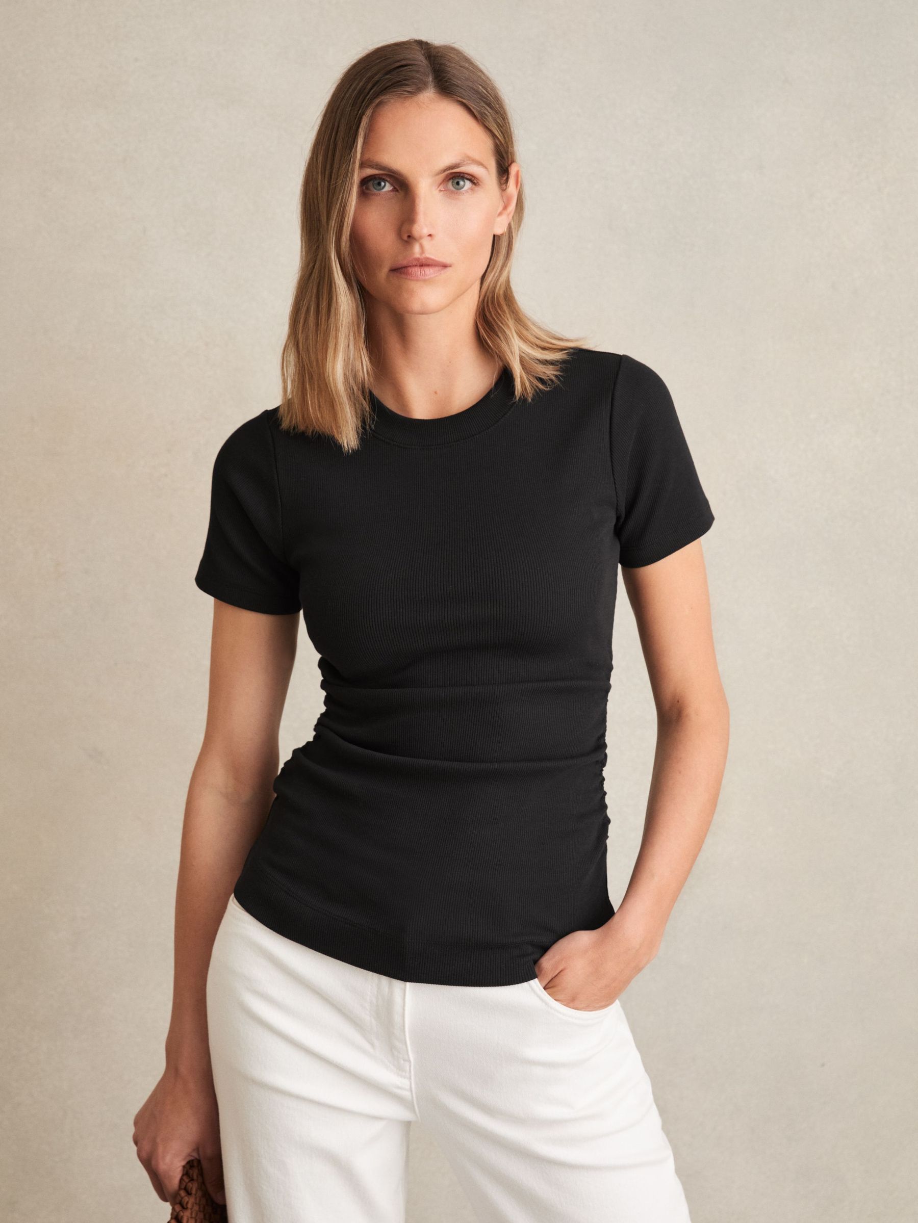 Stretch Cotton Ruched Ribbed T-Shirt in Black (F97957) | €55
