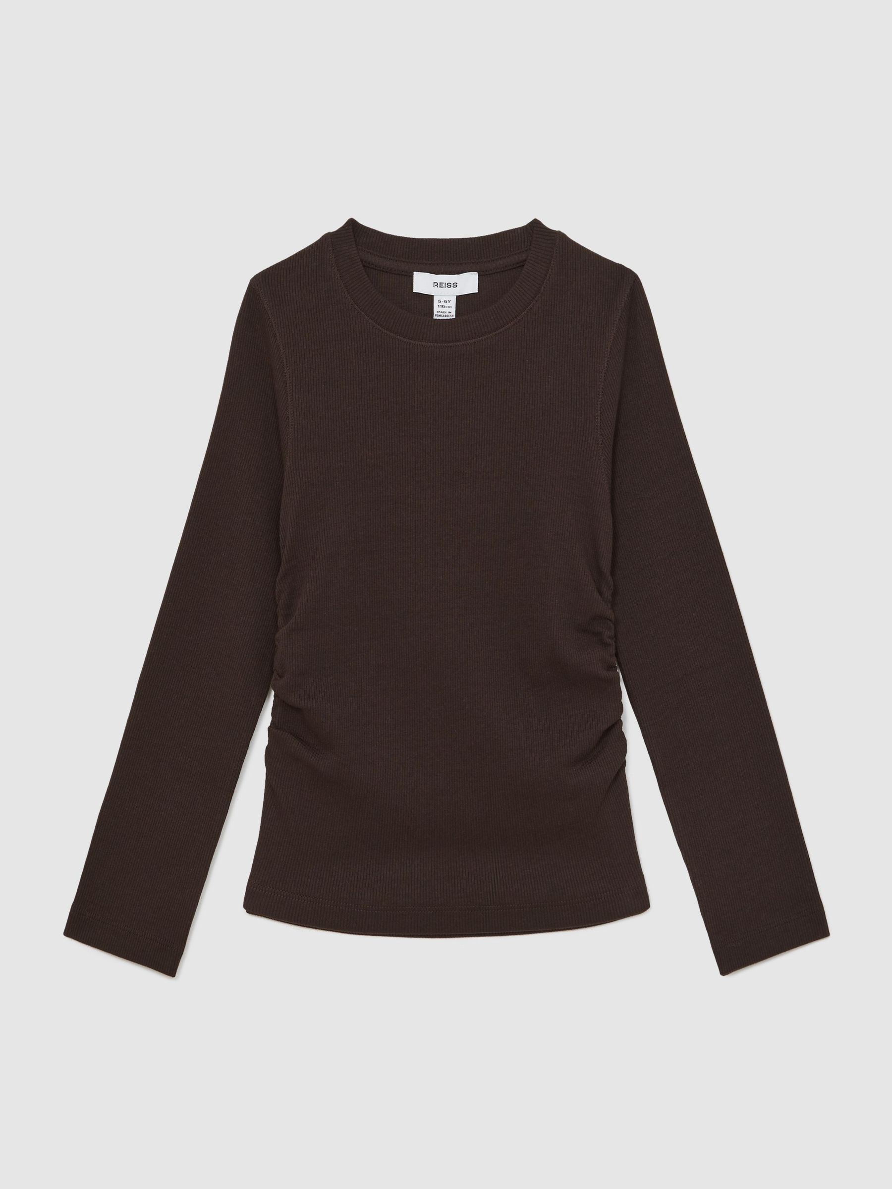 13-14 yrs Cotton Ruched Long-Sleeve T-Shirt with Stretch in Chocolate (F97961) | 95 QAR