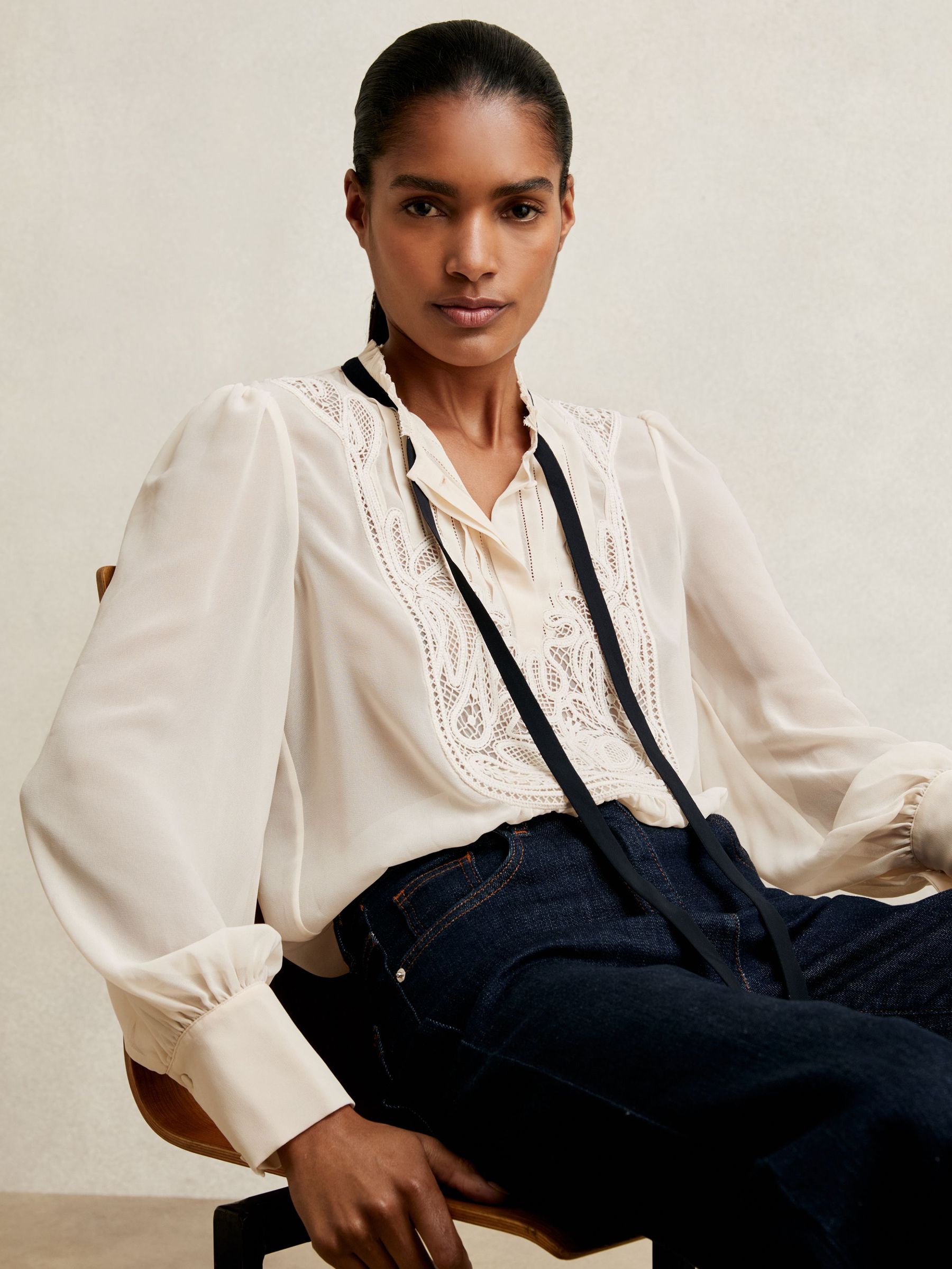 Lace Embroidered Tie-Neck Shirt in Cream (F97963) | US$285