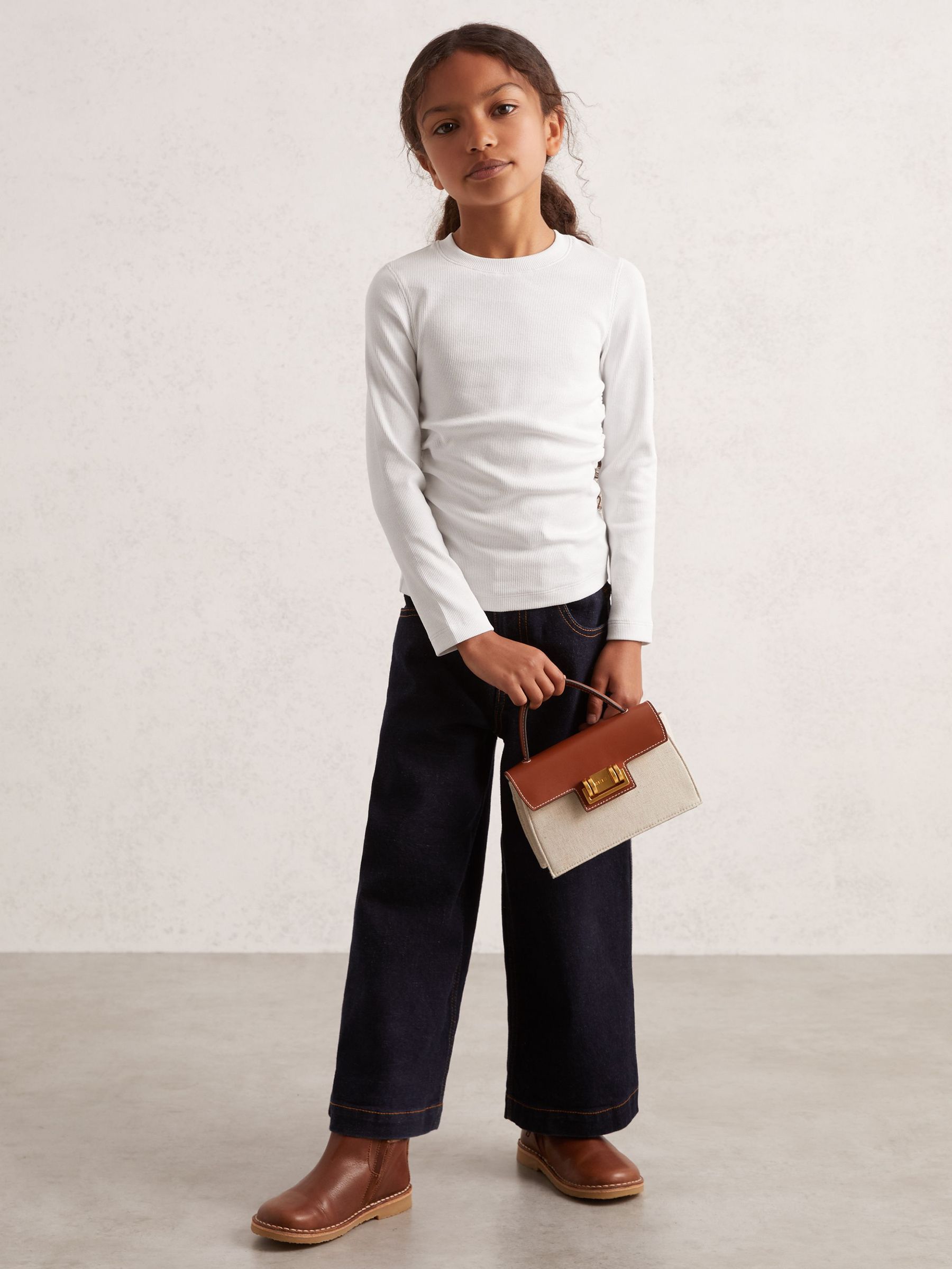4-9 yrs Cotton Jersey Ruched Long Sleeve T-Shirt in Ivory (F97966) | US$25