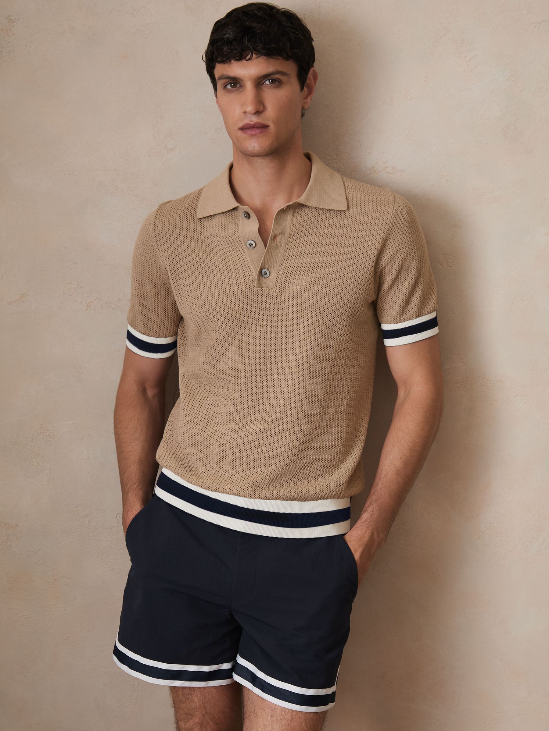 Reiss | Ché Cotton Knit Polo Shirt in Camel Brown (F97972) | US$180