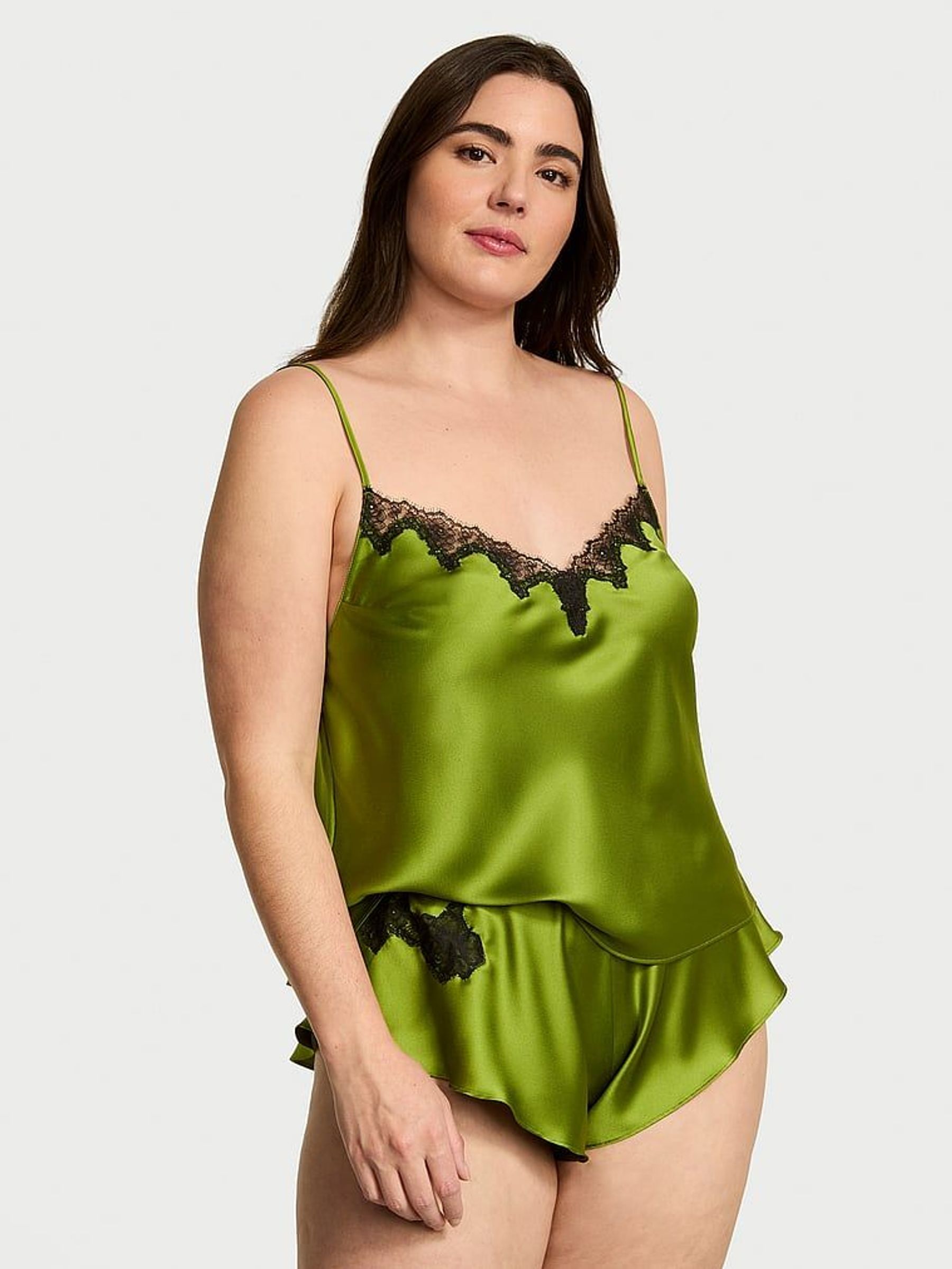 Pear Green Satin Lace Trim Cami Set (G00079) | €68