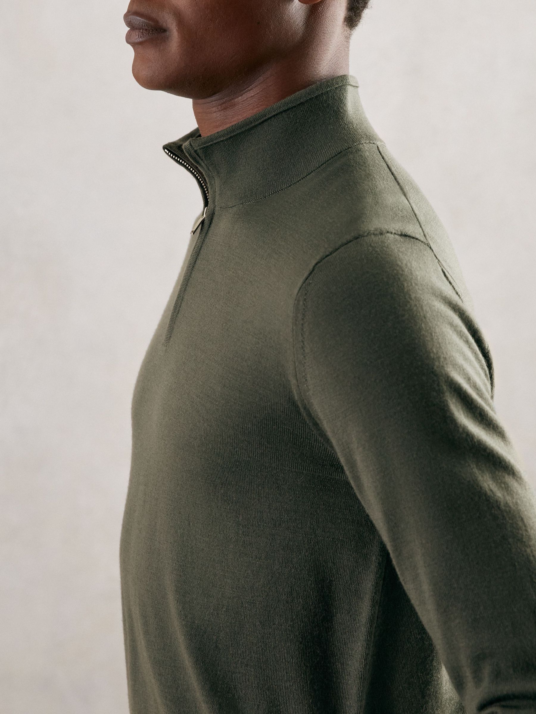 Merino Wool Half-Zip Funnel Neck Jumper in Kale Green (G00355) | 585 SAR