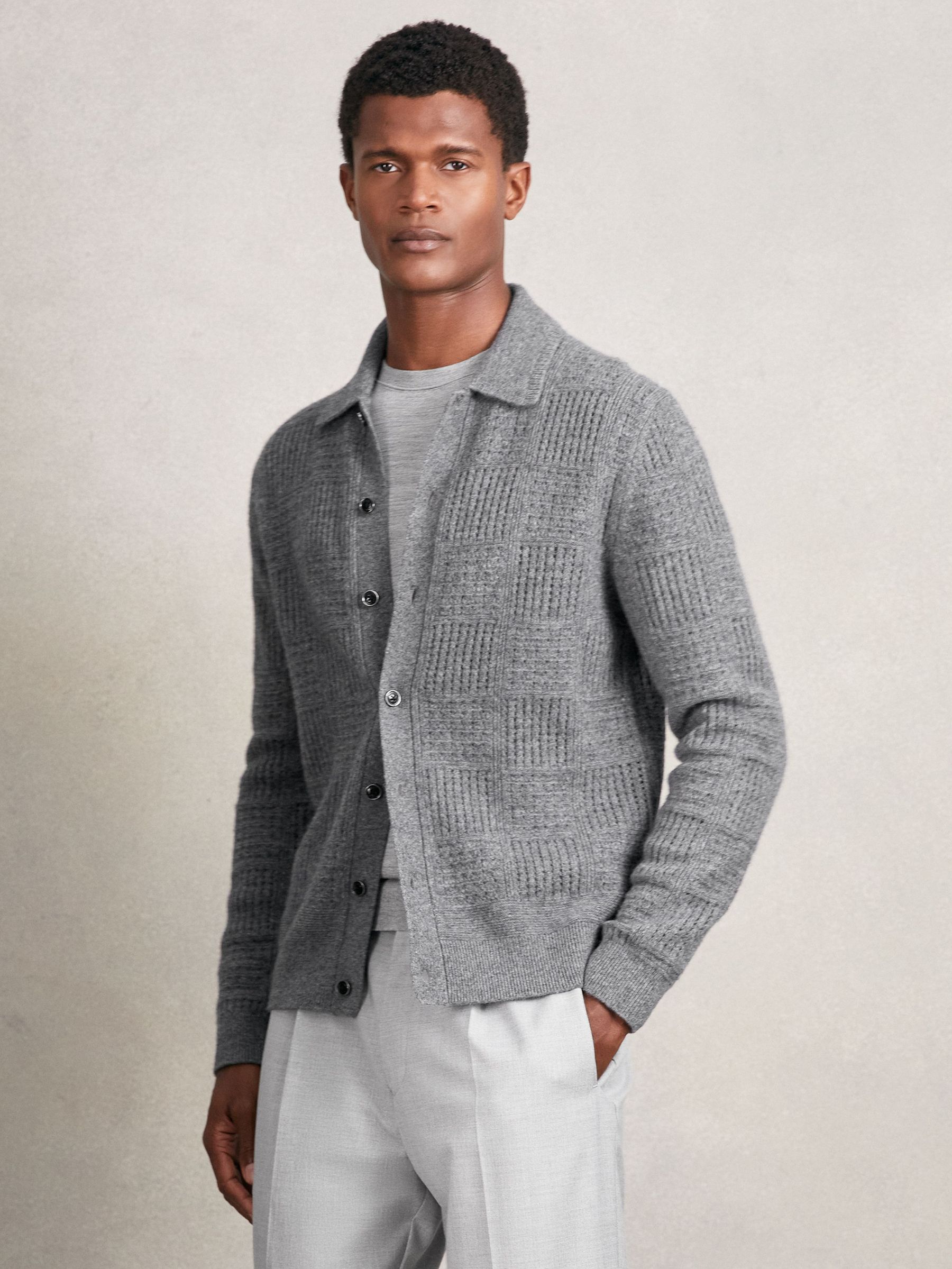 Wool Button Through Pointelle Shirt in Mid Grey (G00357) | €170