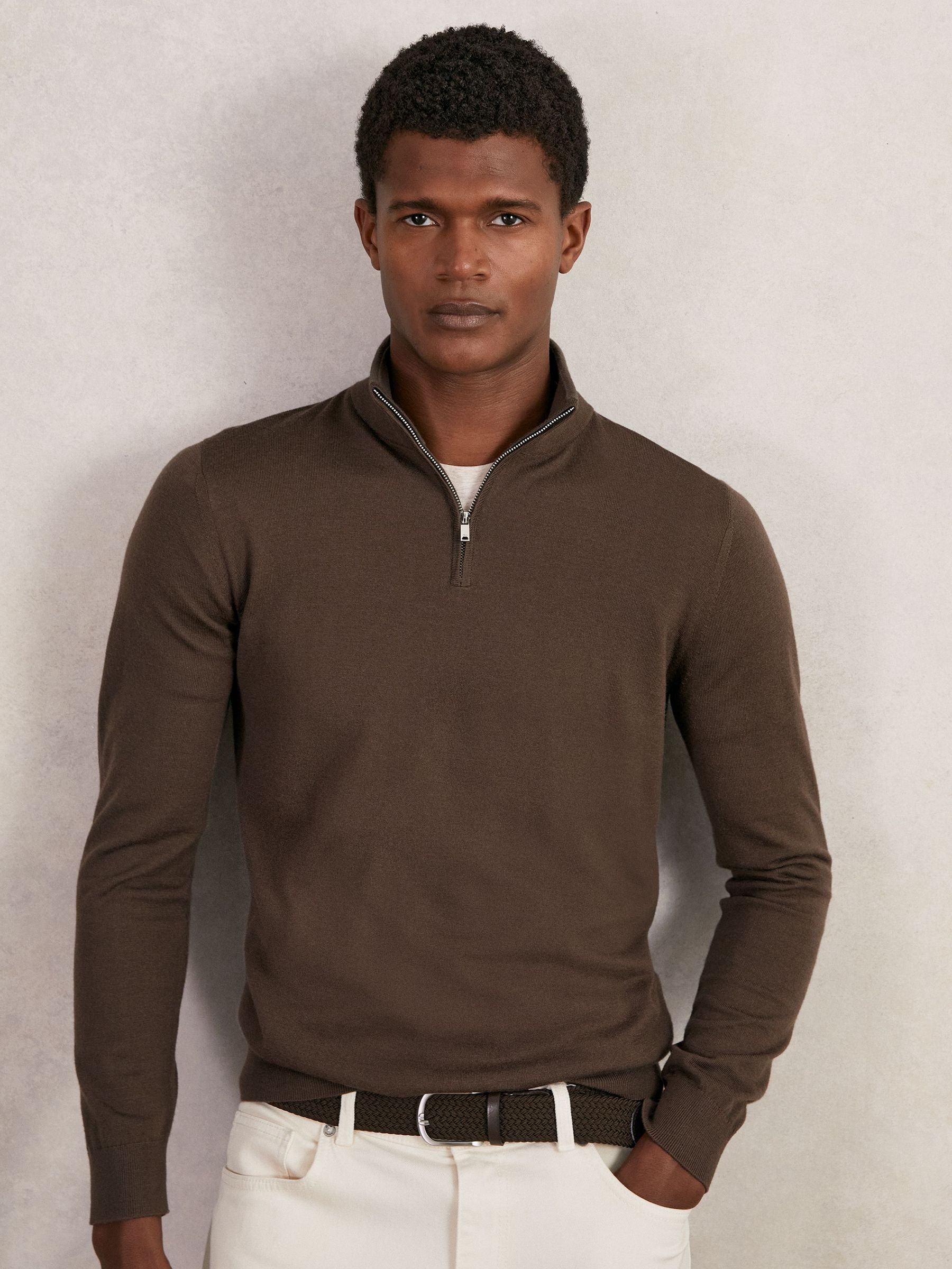 Merino Wool Half-Zip Funnel Neck Jumper in Chocolate Brown (G00358) | €130