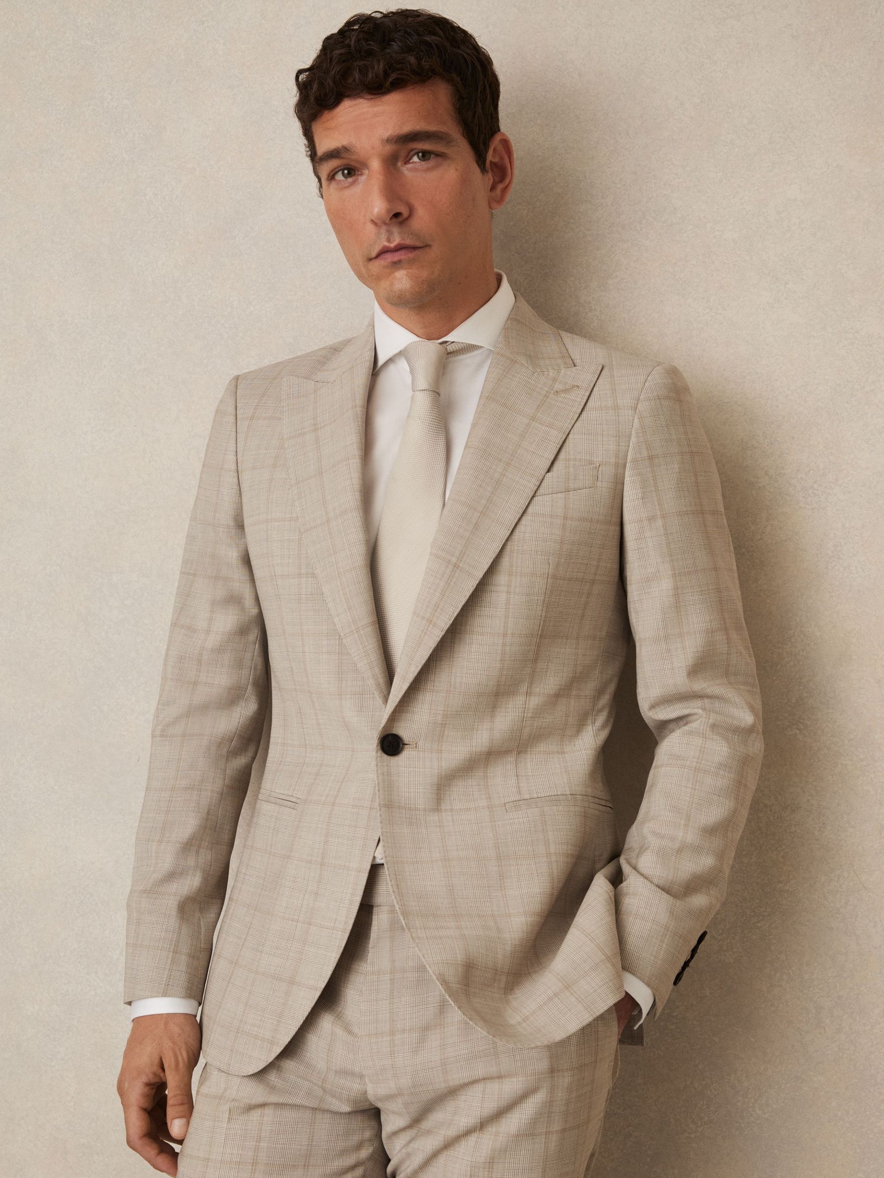 Slim-Fit Single-Breasted Wool Check Suit Blazer in Oatmeal Brown (G00359) | €495