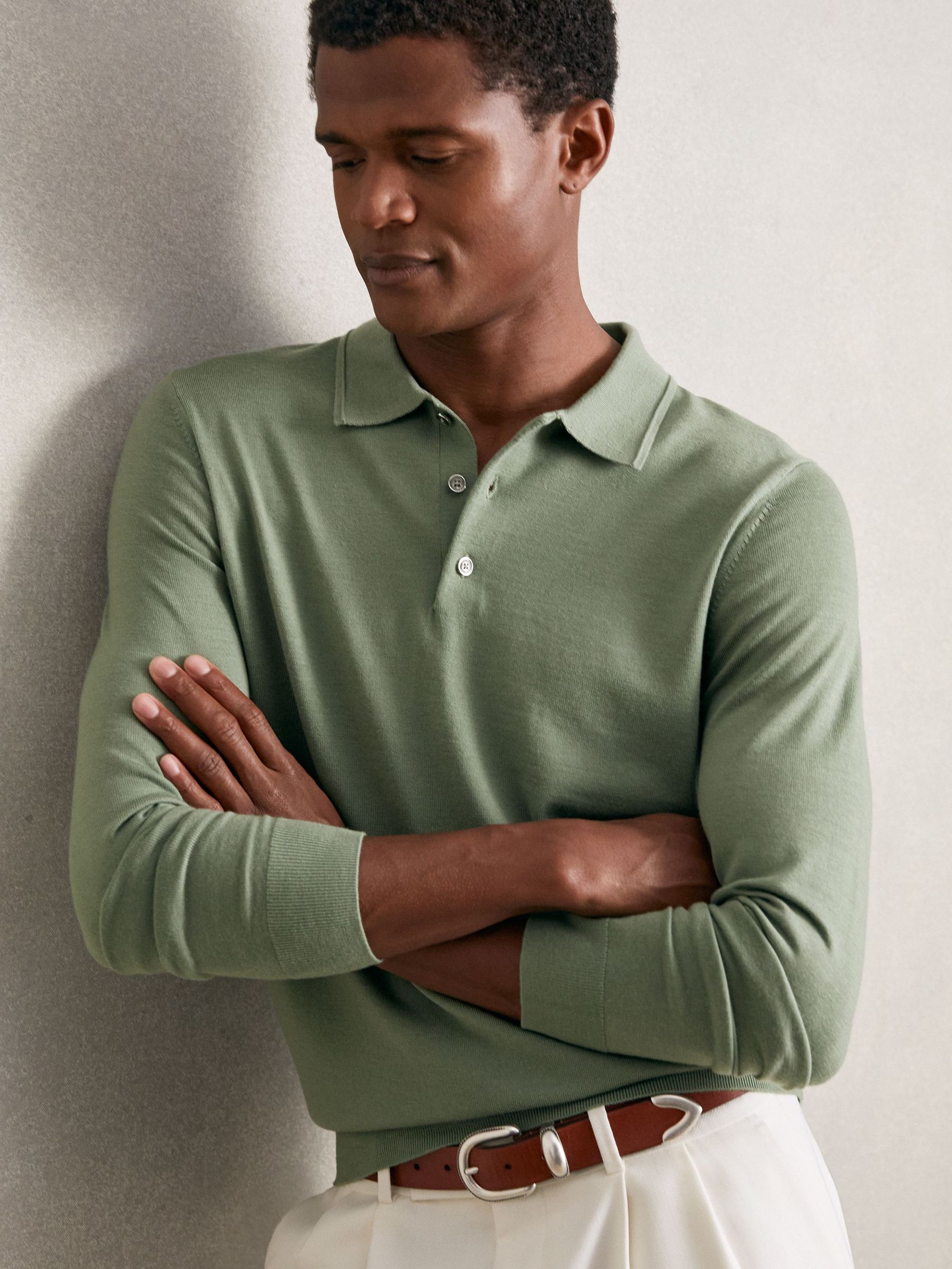 Merino Wool Long-Sleeve Polo Shirt in Harper Green (G00360) | CHF 140