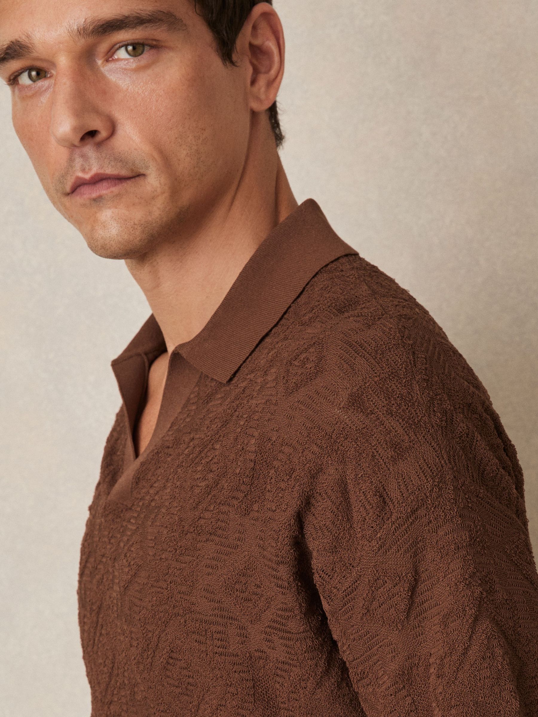Jacquard Loop-Stitch Polo Shirt in Tobacco (G00413) | US$160