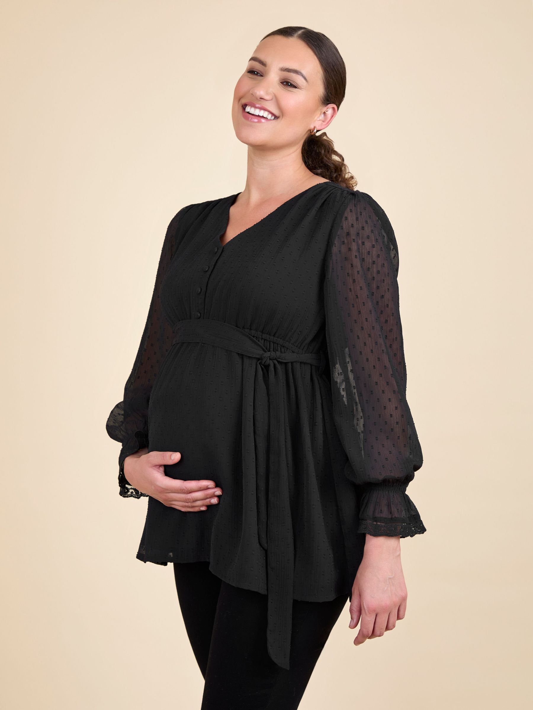 Black Maternity Lace Trim Blouse (G00821) | $77