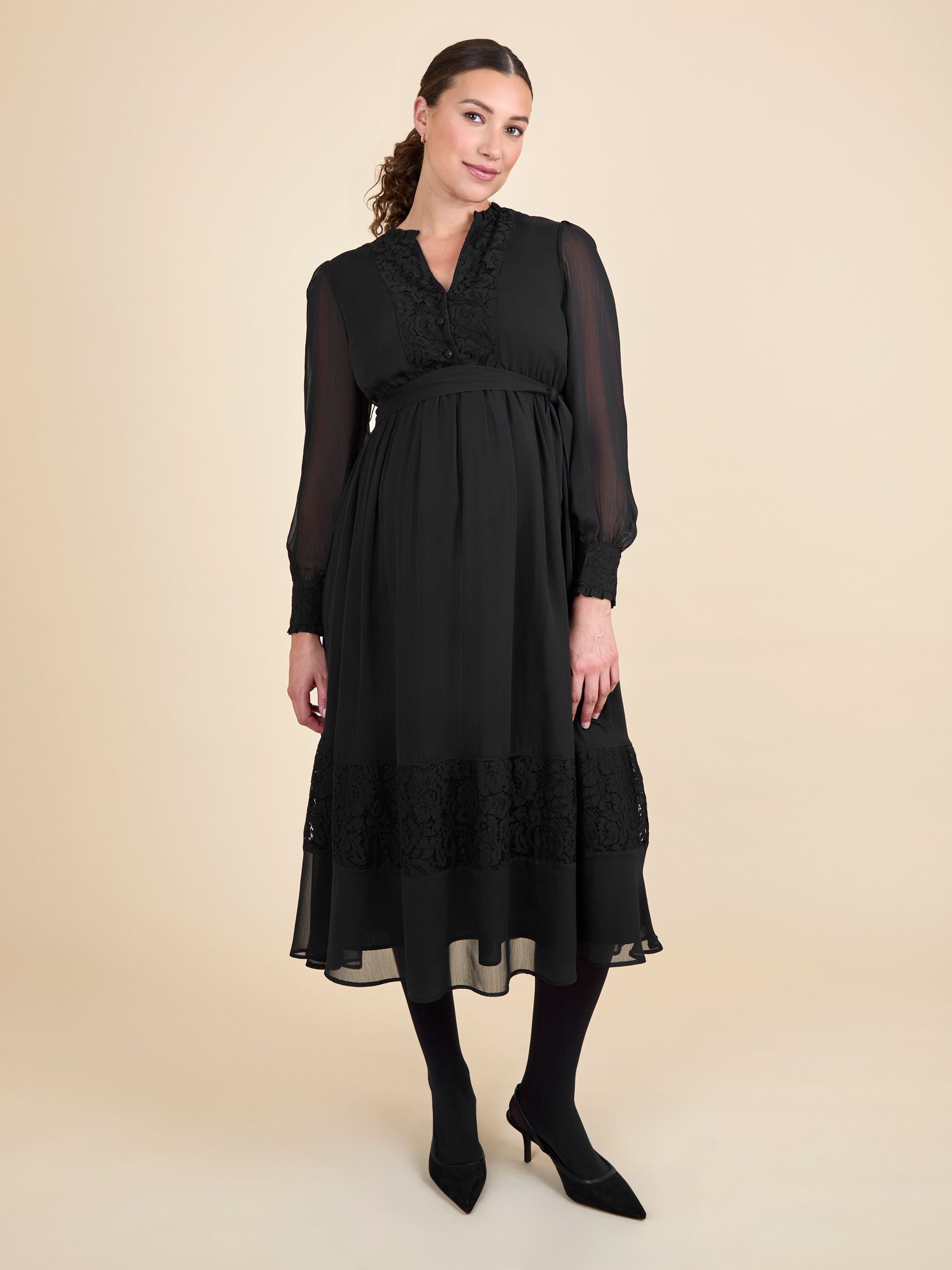 Black Pleated Lace Hem Maternity Midi Dress (G00824) | $123