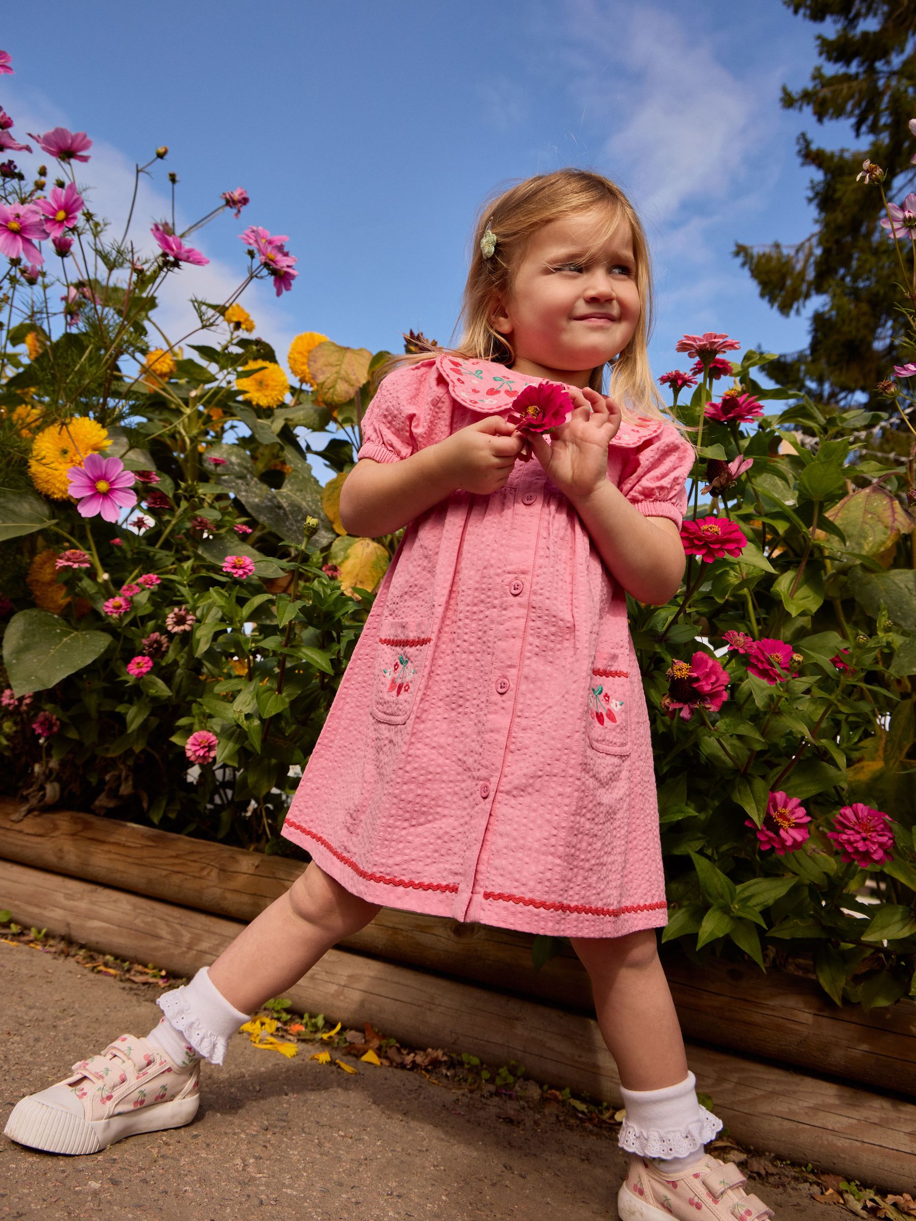 Pink Cherry Embroidered Collared Button Through Dress (G02995) | $38 - $43