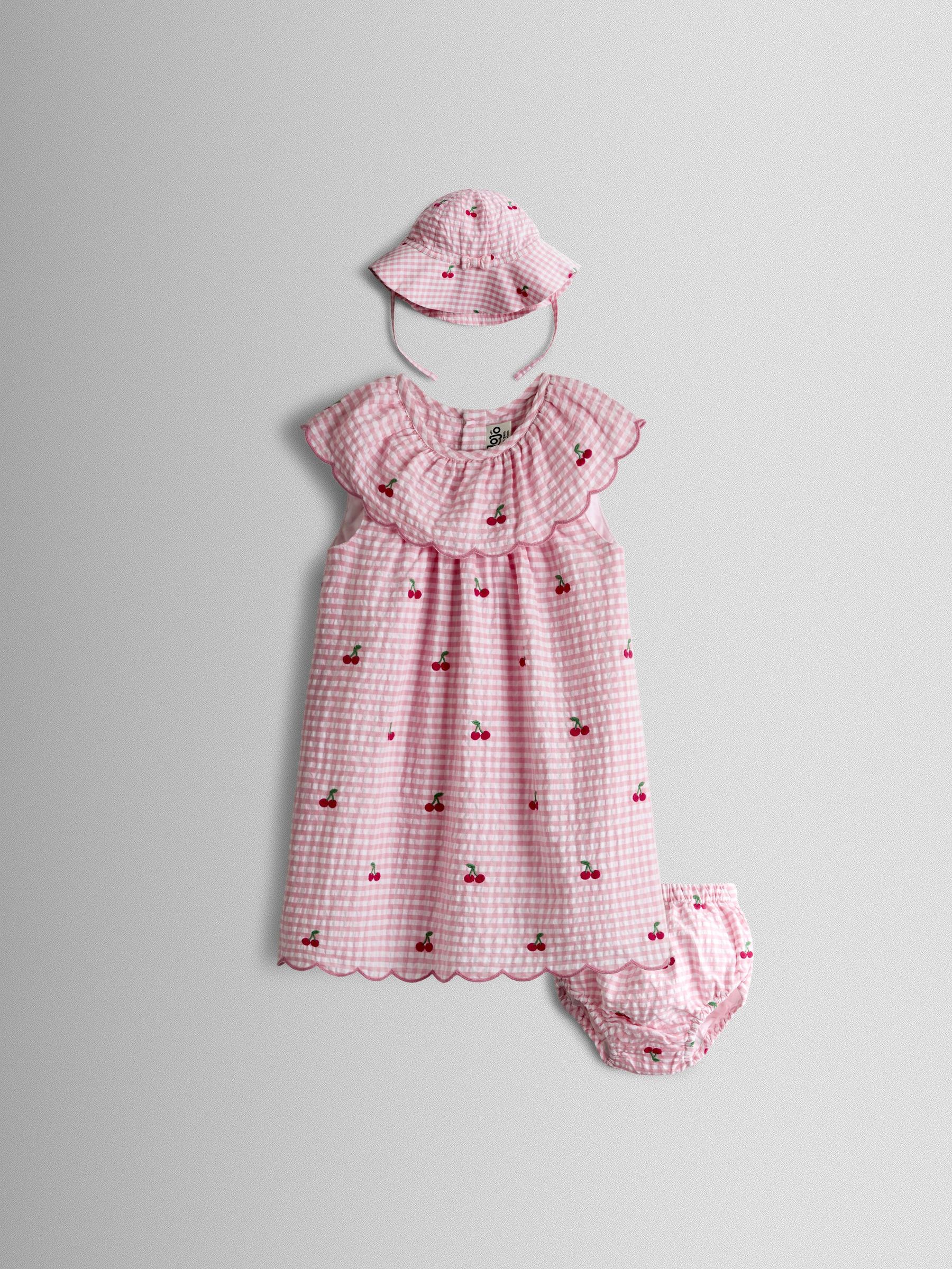 Pink Cherry Embroidered Scalloped Baby Dress & Hat Set (G04003) | $55 - $58