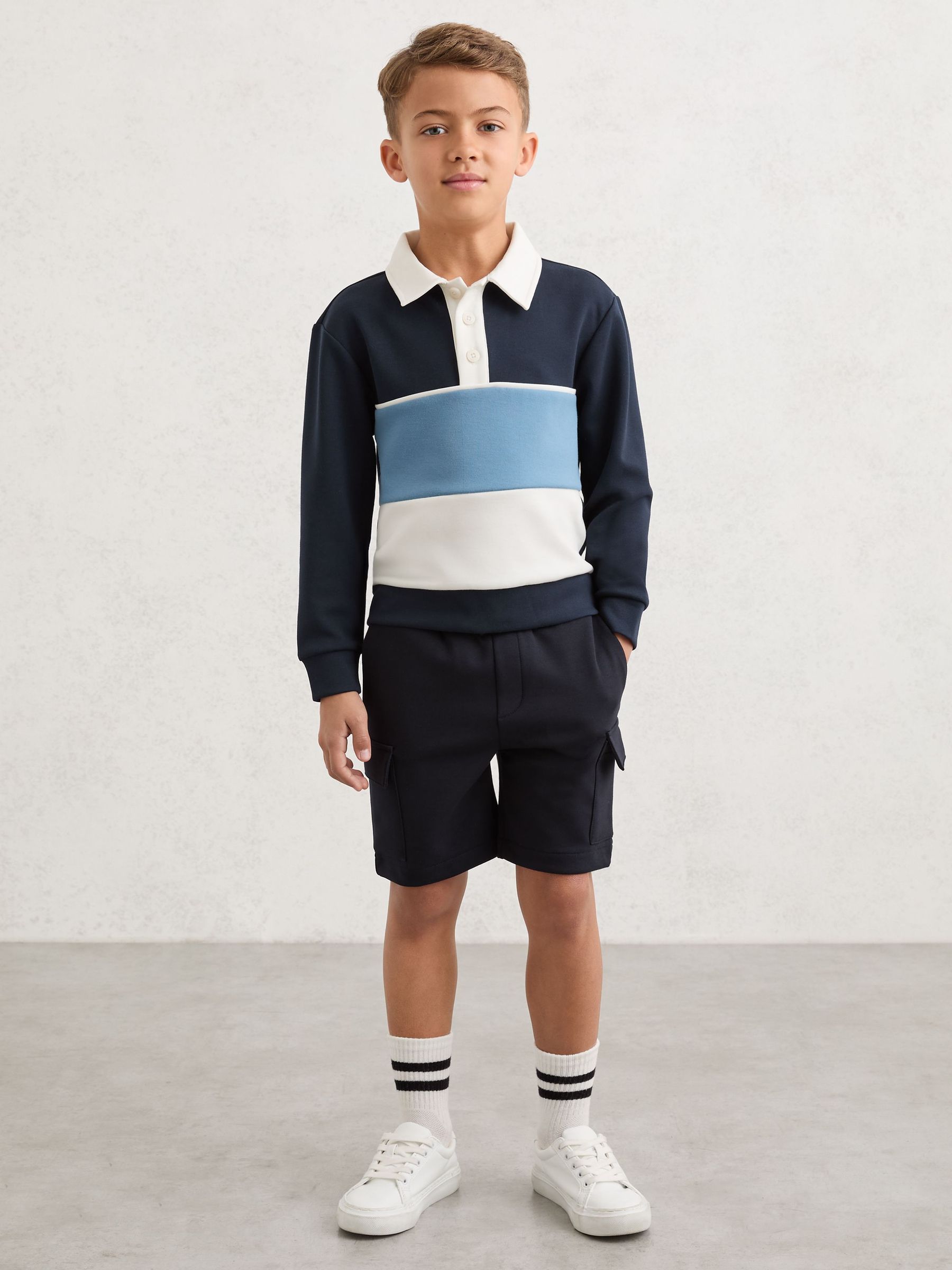 9-13 yrs Colour-Block Long-Sleeve Polo Shirt in Navy (G07093) | $70