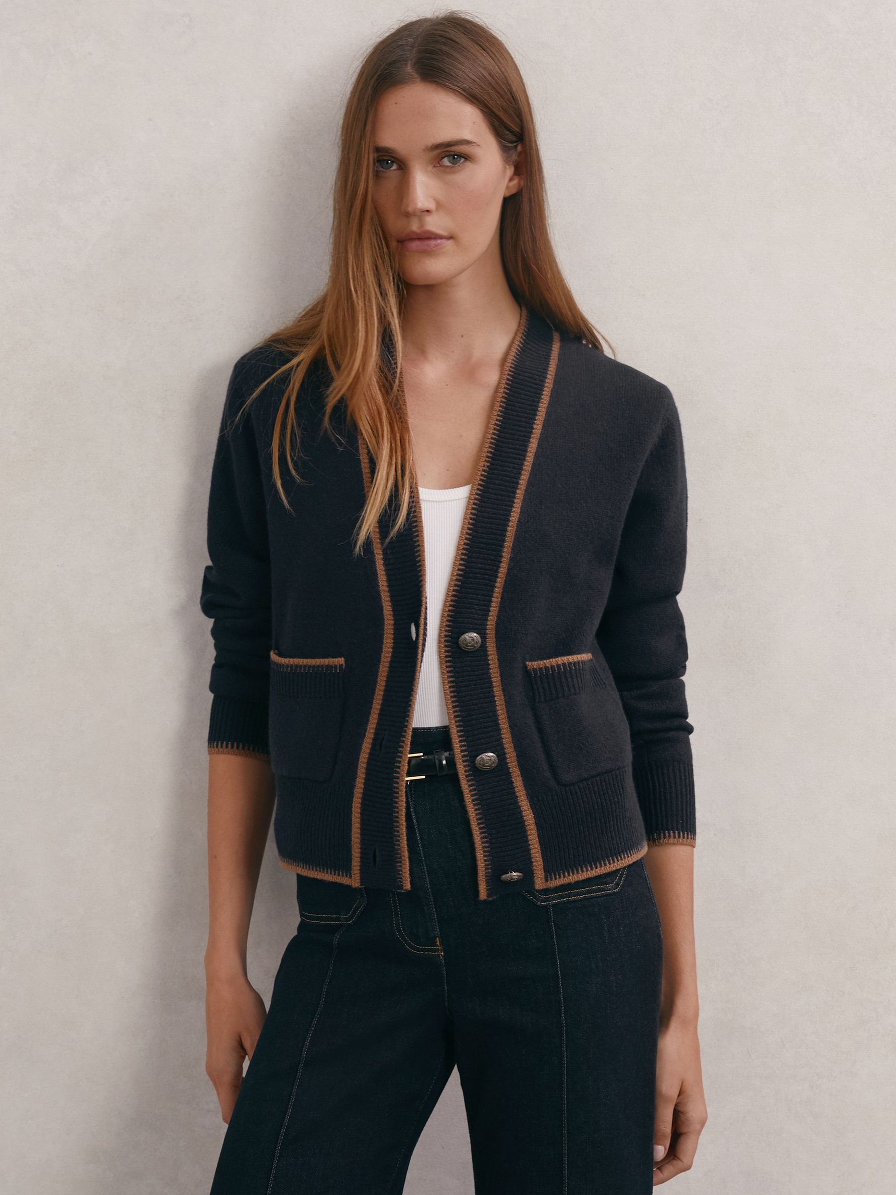 Wool-Cashmere Tipped Cardigan in Navy/Camel (G10546) | $240