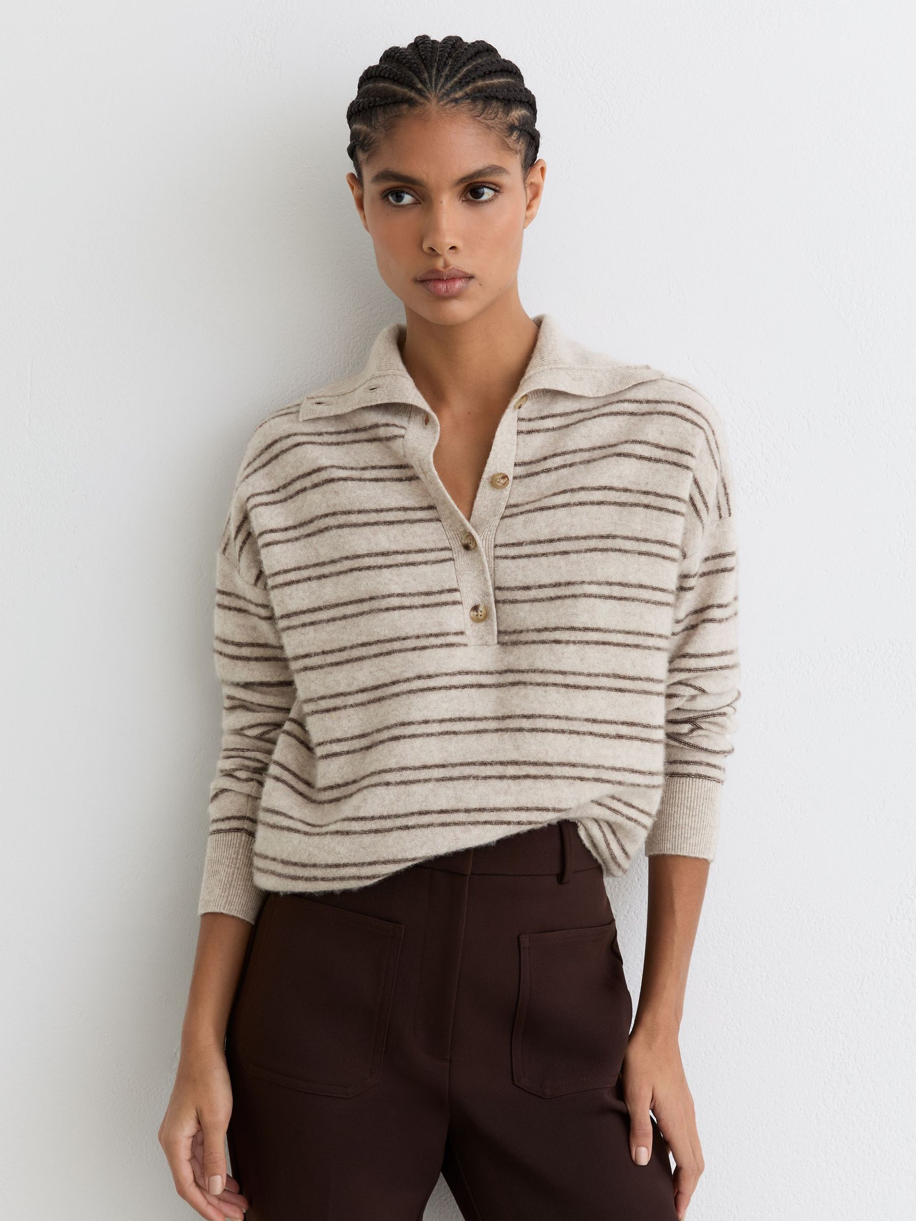 Wool-Cashmere Stripe Buttoned Jumper in Neutral/Brown (G10554) | ₪810
