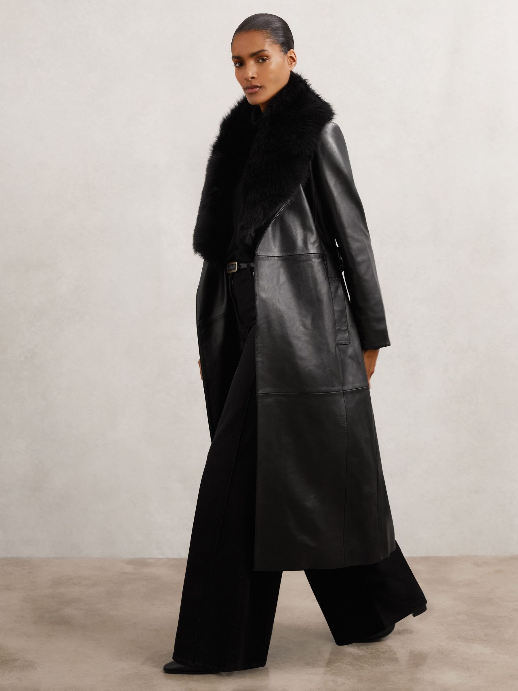 Leather Trench Coat With Shearling Collar in Black (G11410) | $1,700