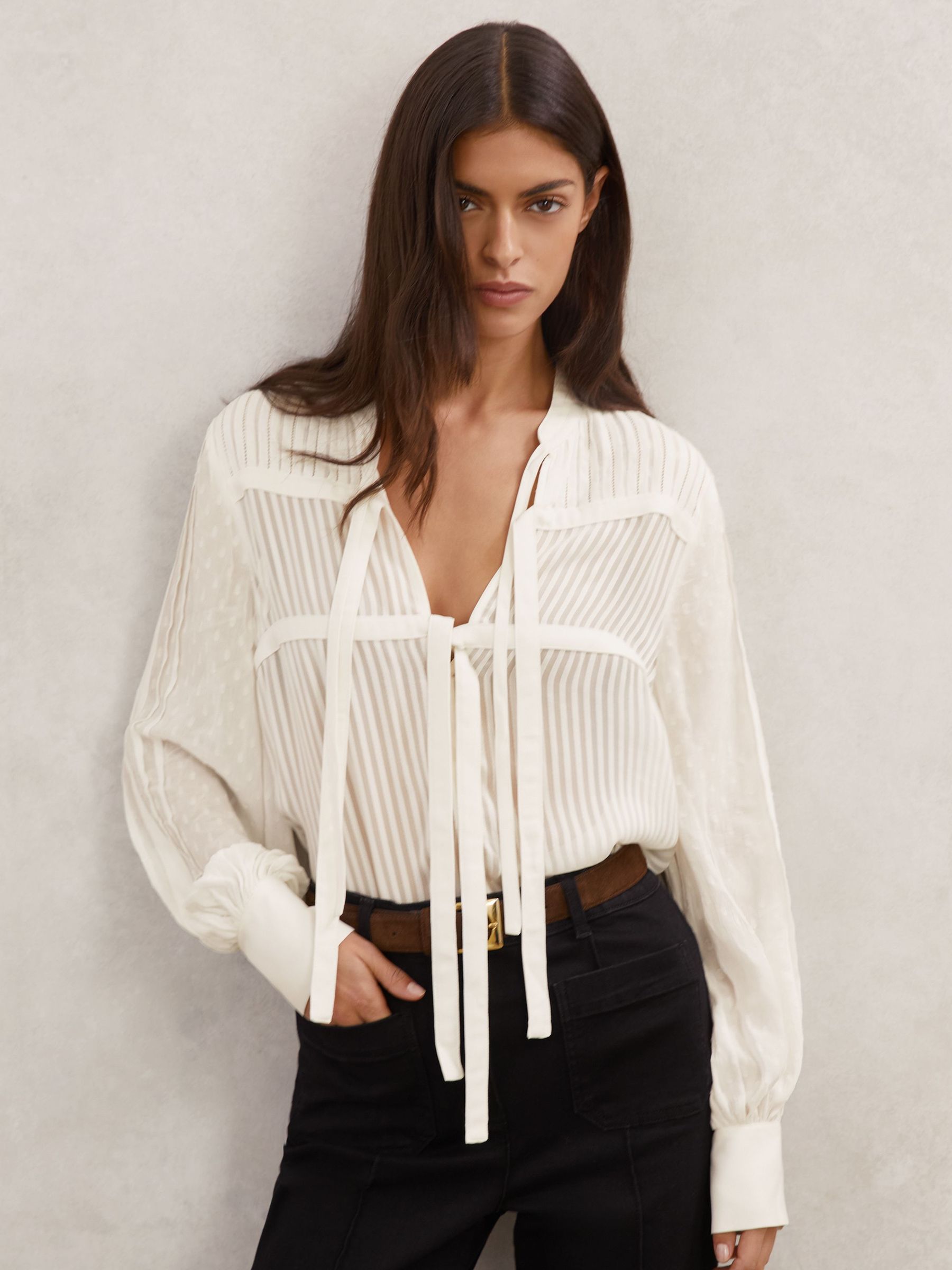 Tie-Detail Shadow-Stripe Blouse in Ivory (G15164) | $330