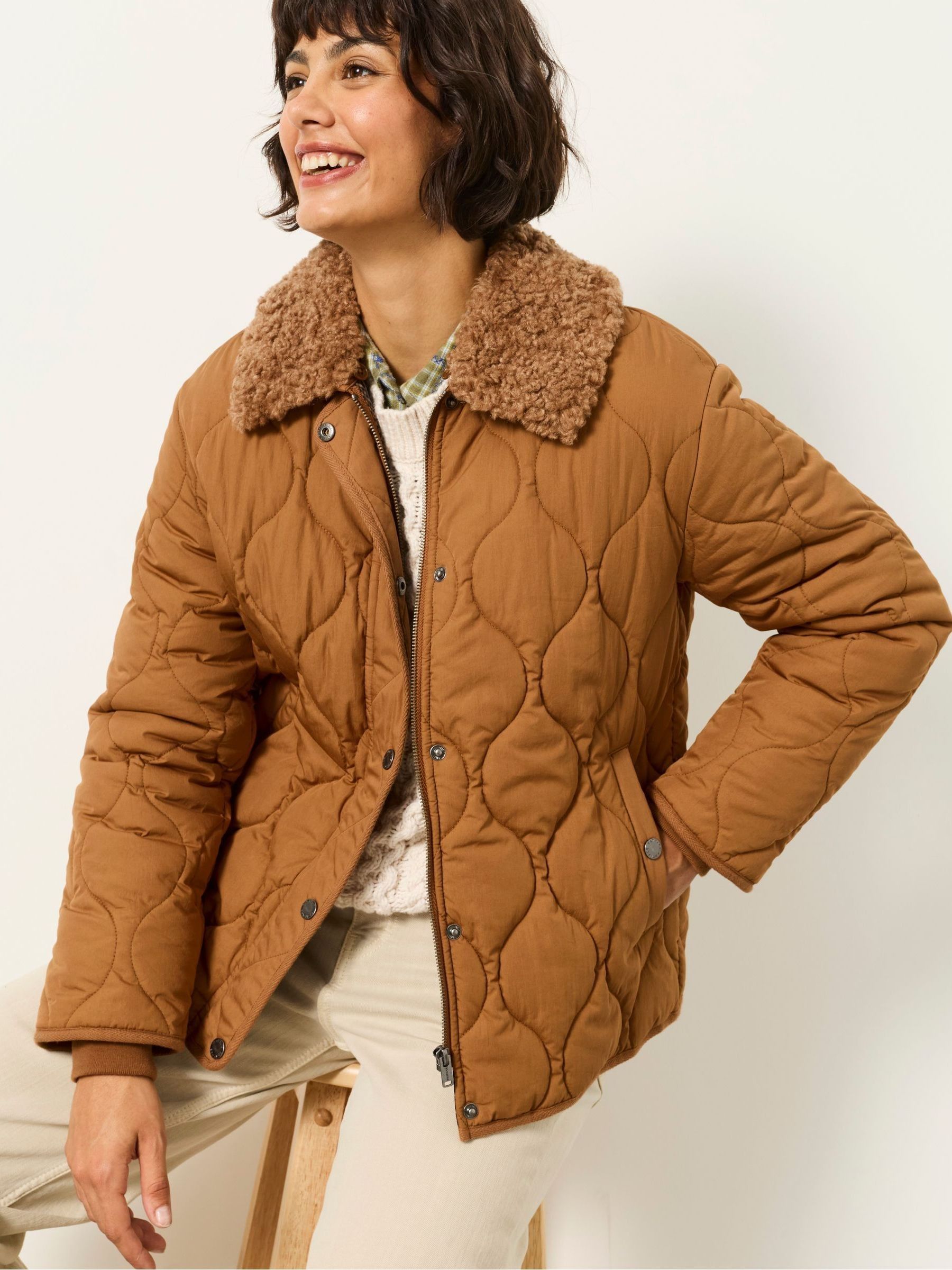 Tan Brown - Removable Collar Quilted Jacket