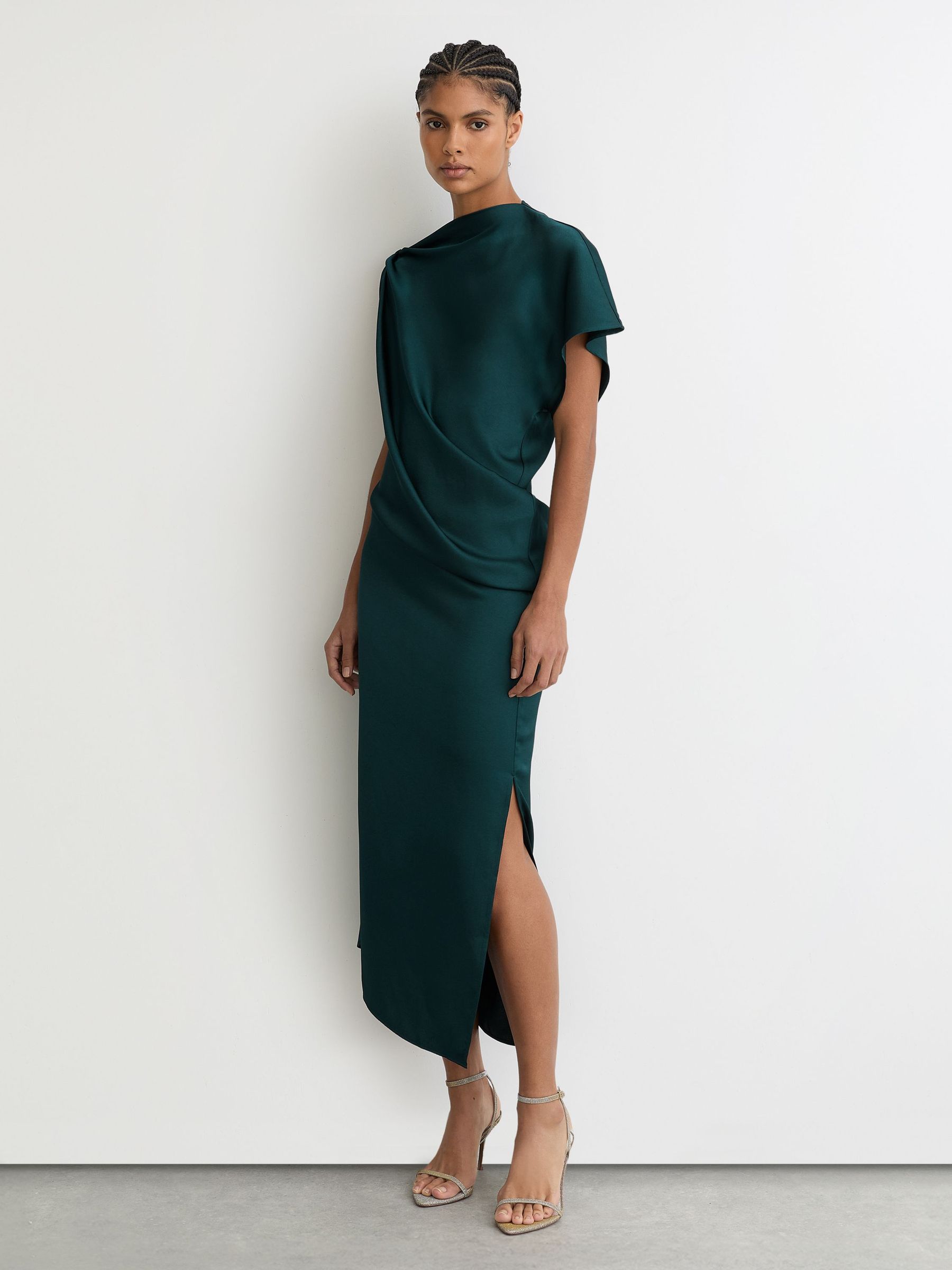 Satin Asymmetric Draped Midi Dress in Teal Green (G18067) | €205