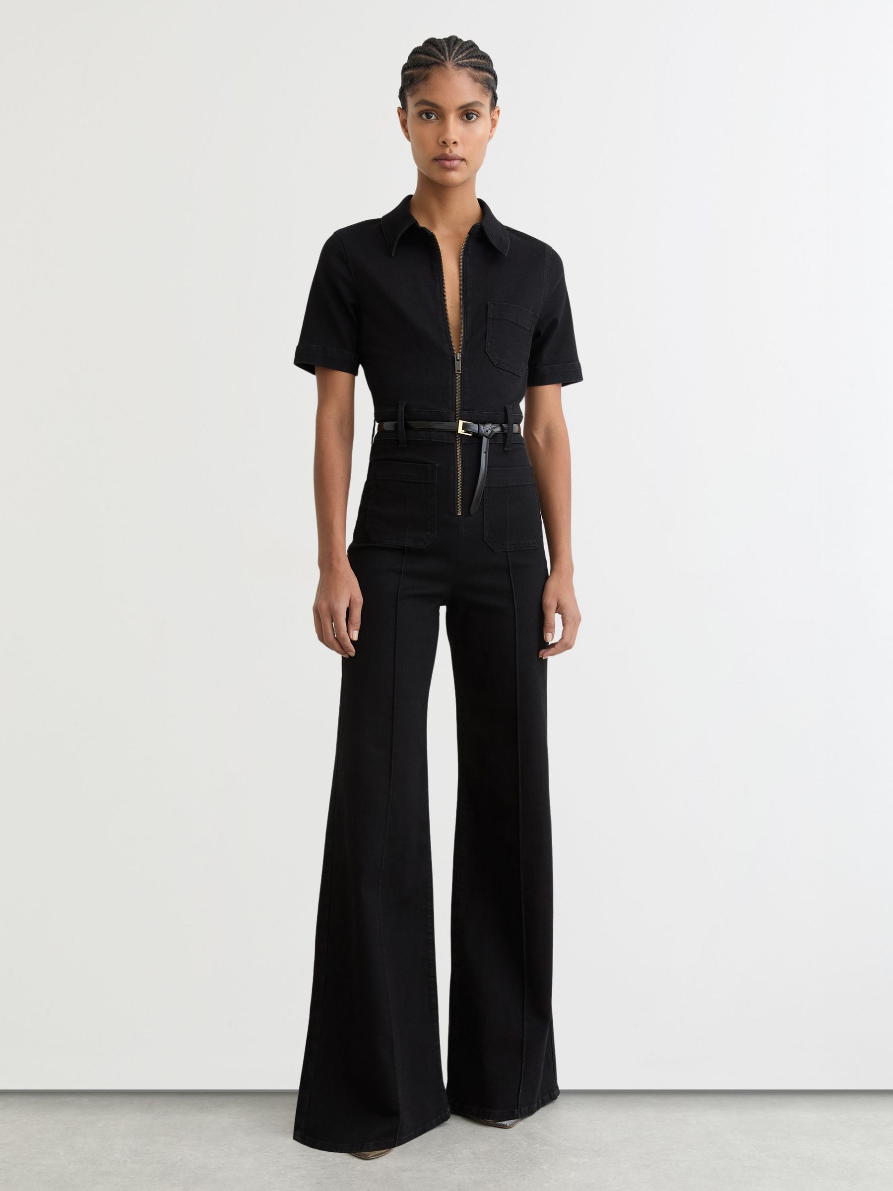 Wide-Leg Zip-Through Denim Jumpsuit in Black (G19743) | $410