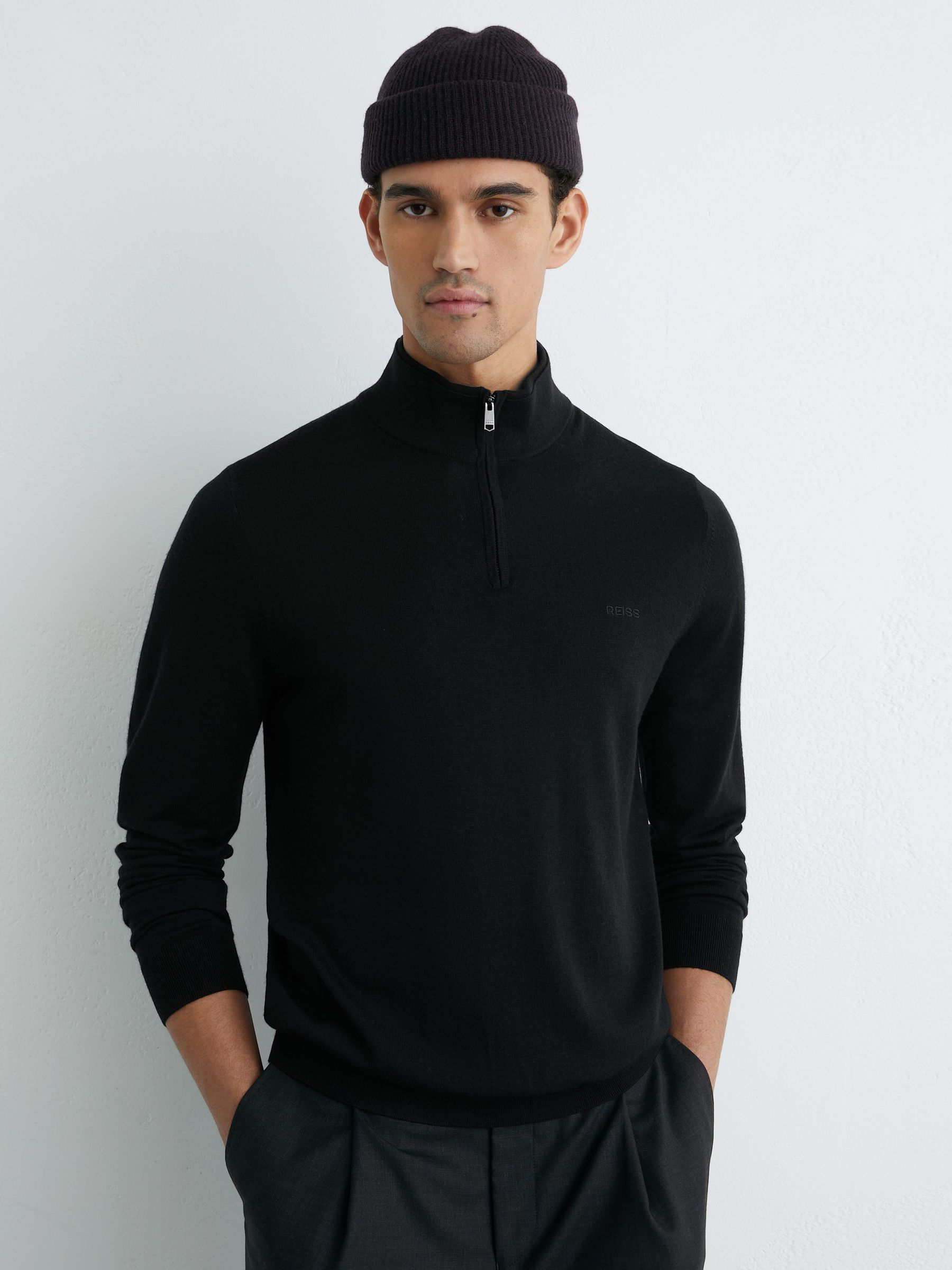 Merino Wool Half-Zip Logo Jumper in Black (G19806) | CHF 125