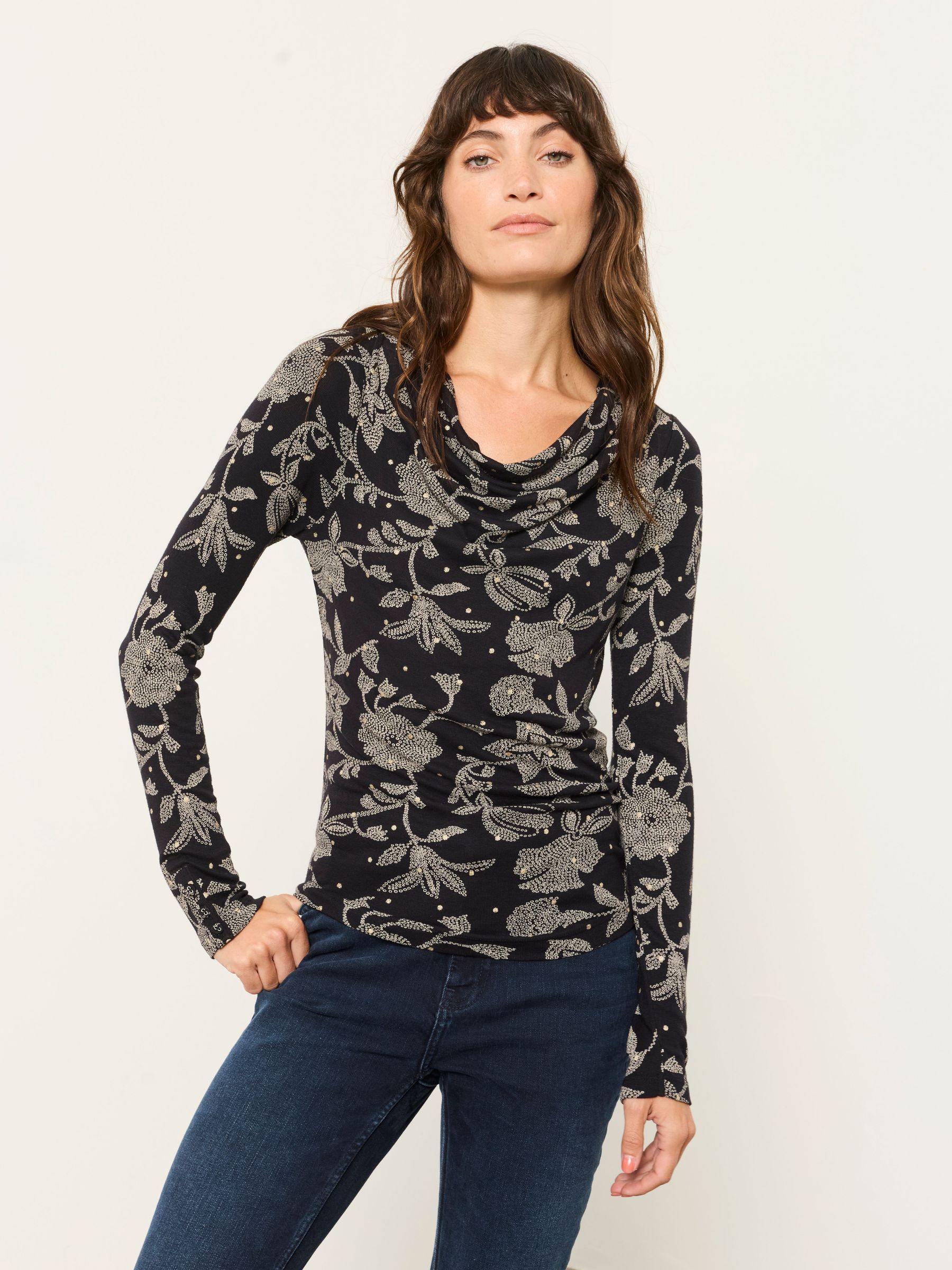 Black Dot Floral - Long Sleeve Cowl Neck Top