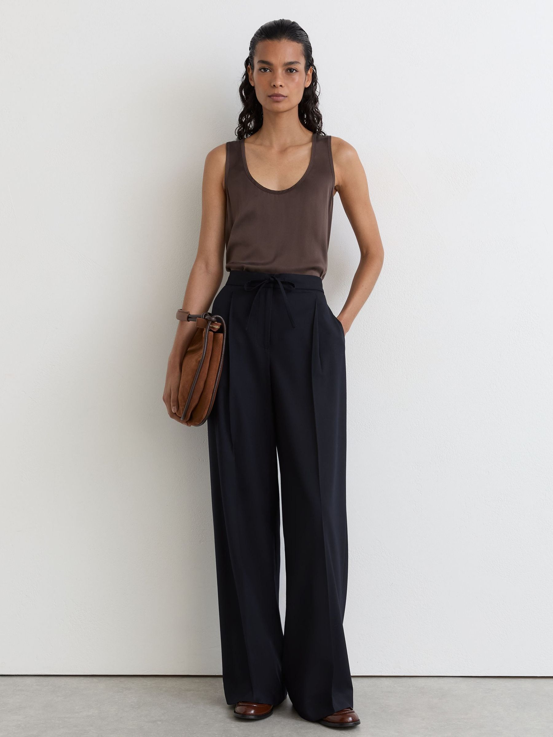 Navy - Wool-blend Drawstring Wide-leg Suit Trousers