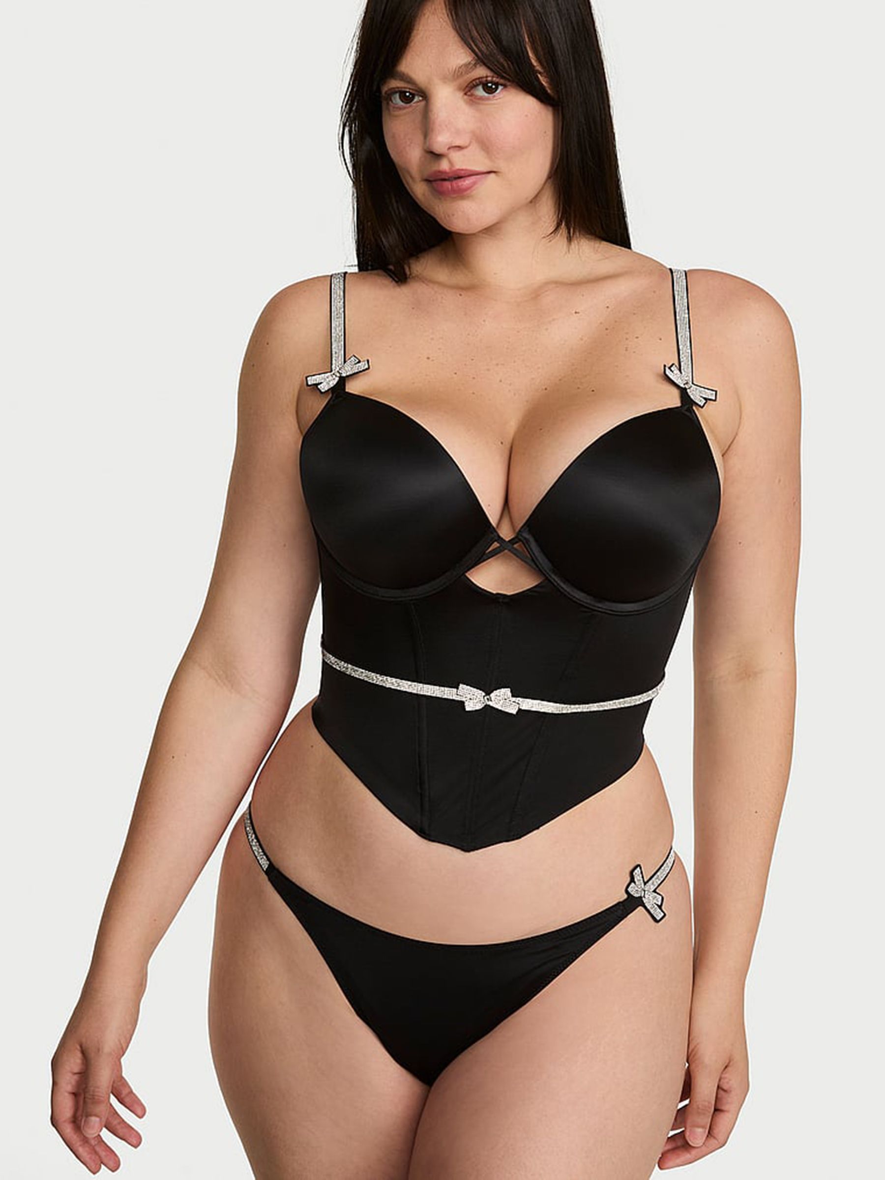 Black - Shine Bow Push Up Corset Top
