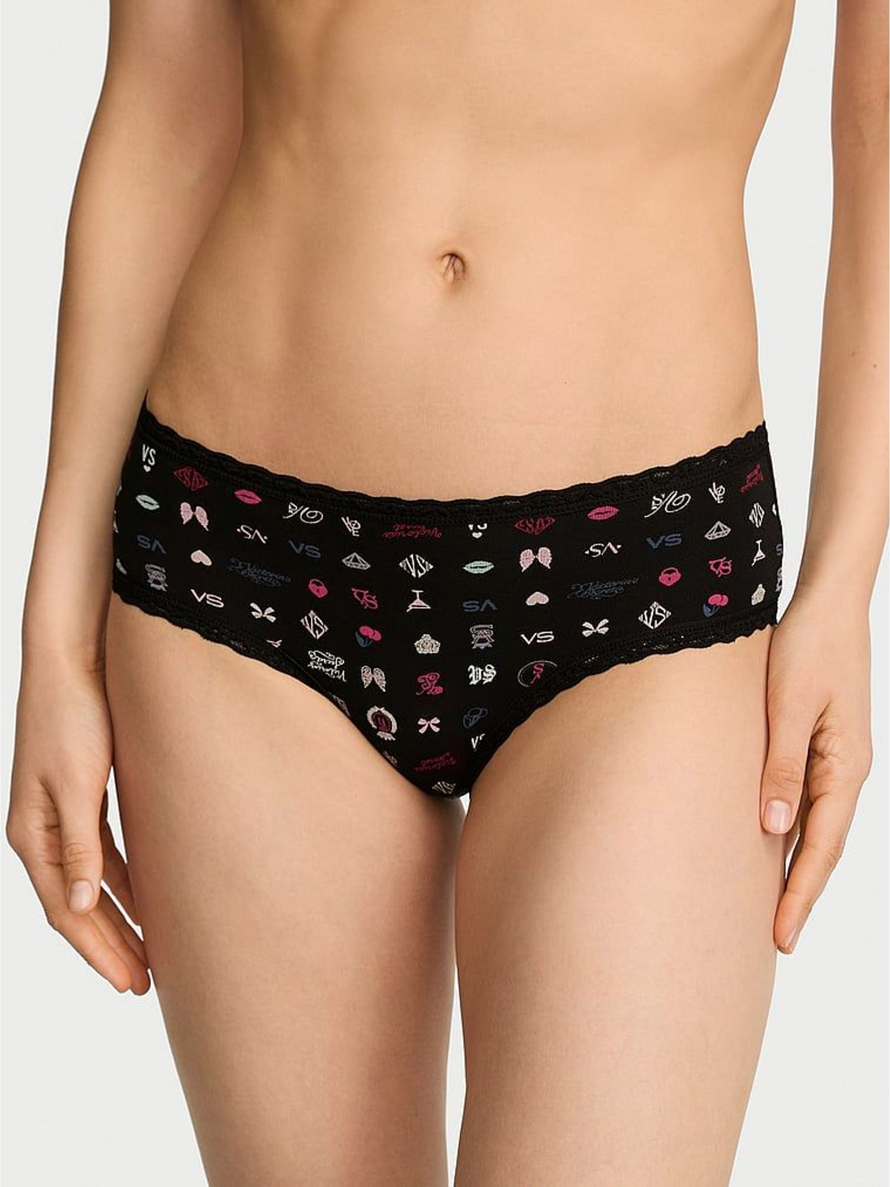 Black Logo - Cheeky Cotton Lace Trim Knickers