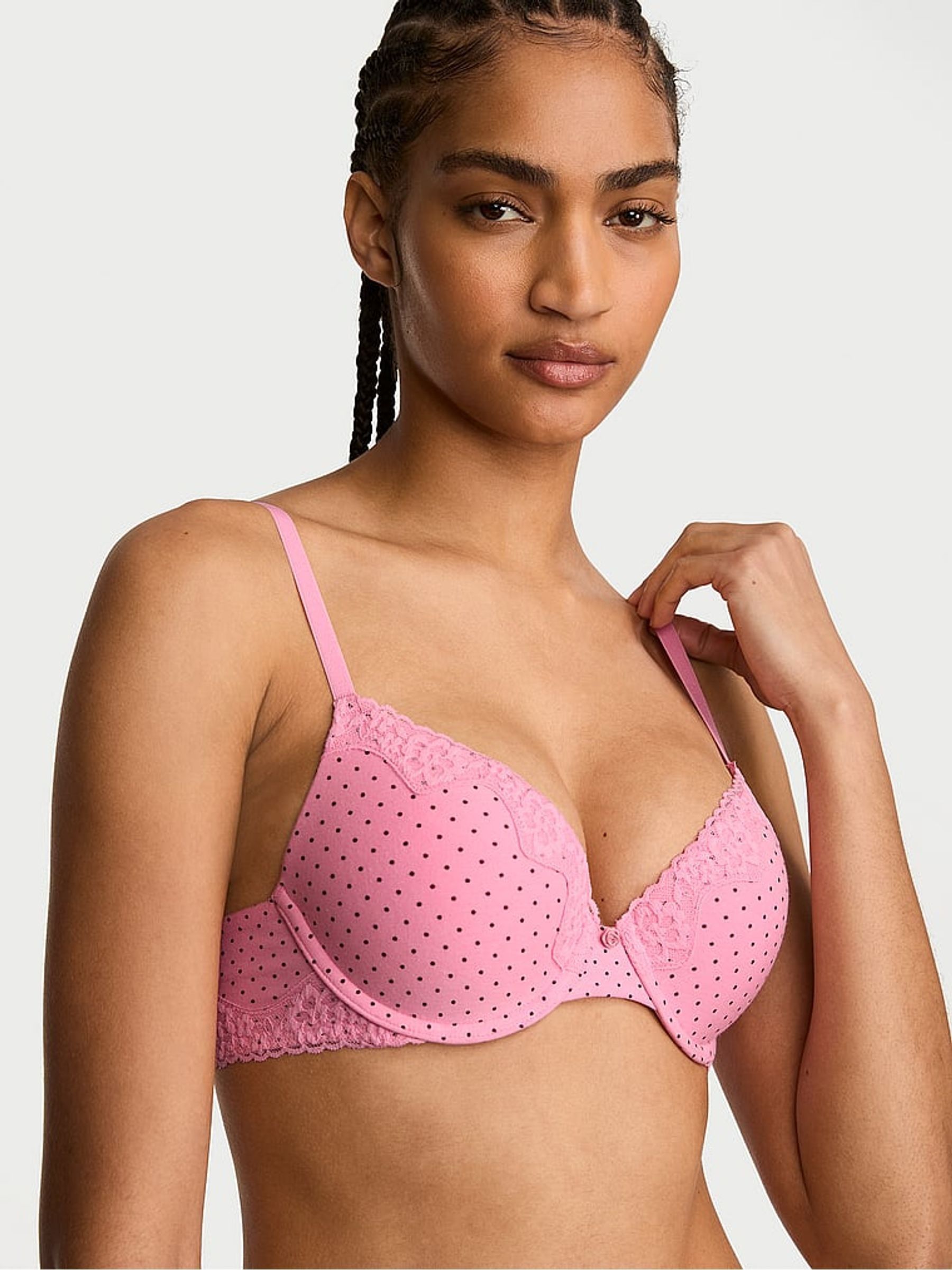 Pink Polka Dot - Full Cup Push Up Cotton Lace Trim Bra