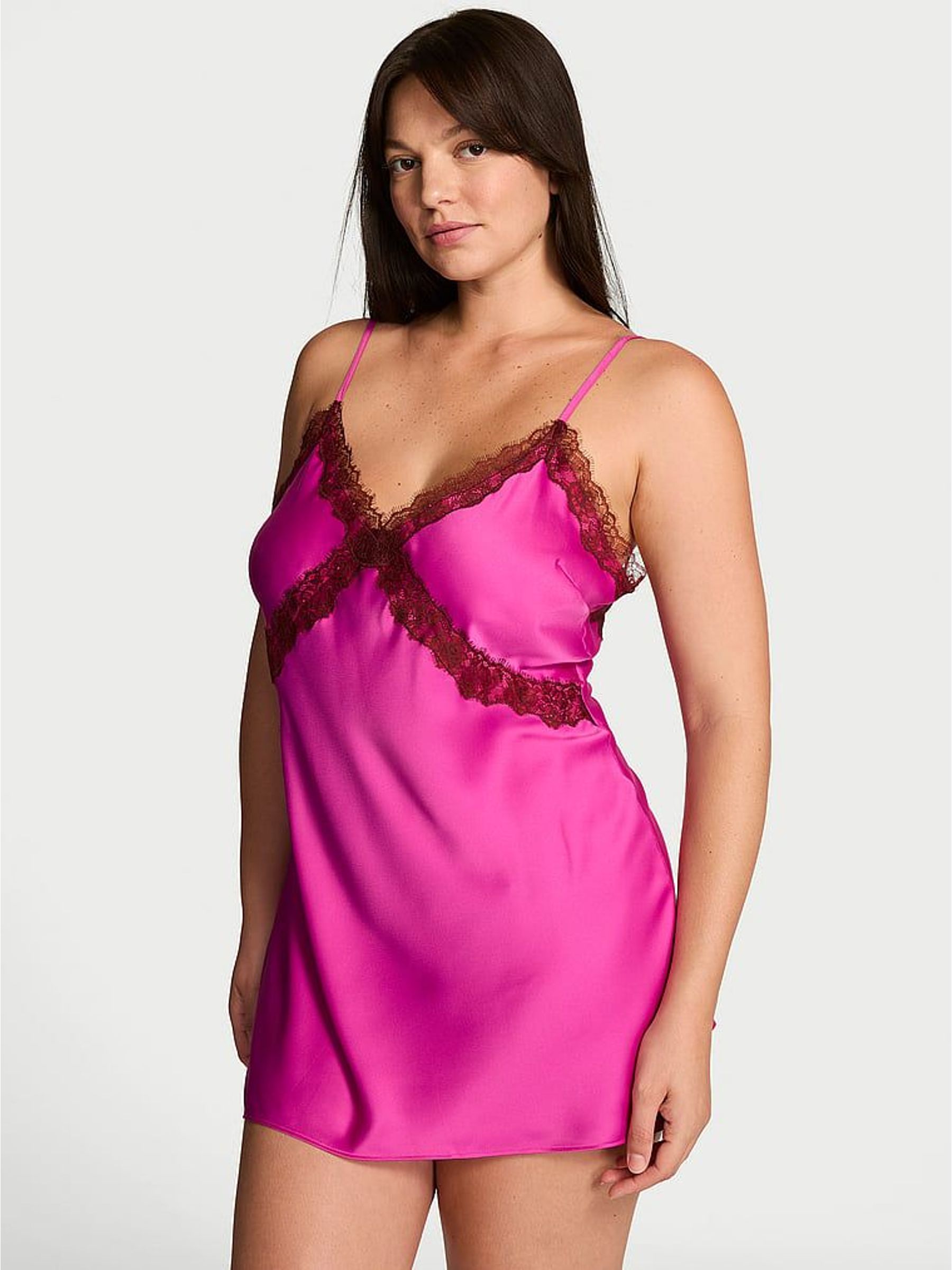 Pink Fire - Satin Lace Trim Mini Slip Dress