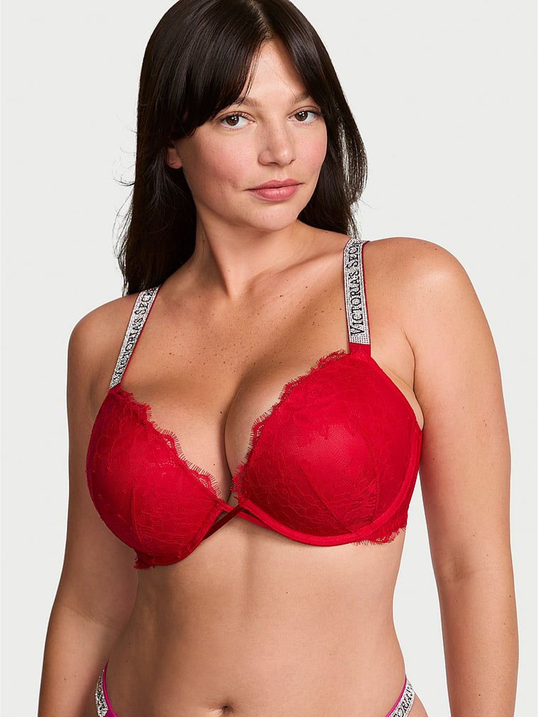 Lipstick Red - Push Up Shine Strap Lace Bra