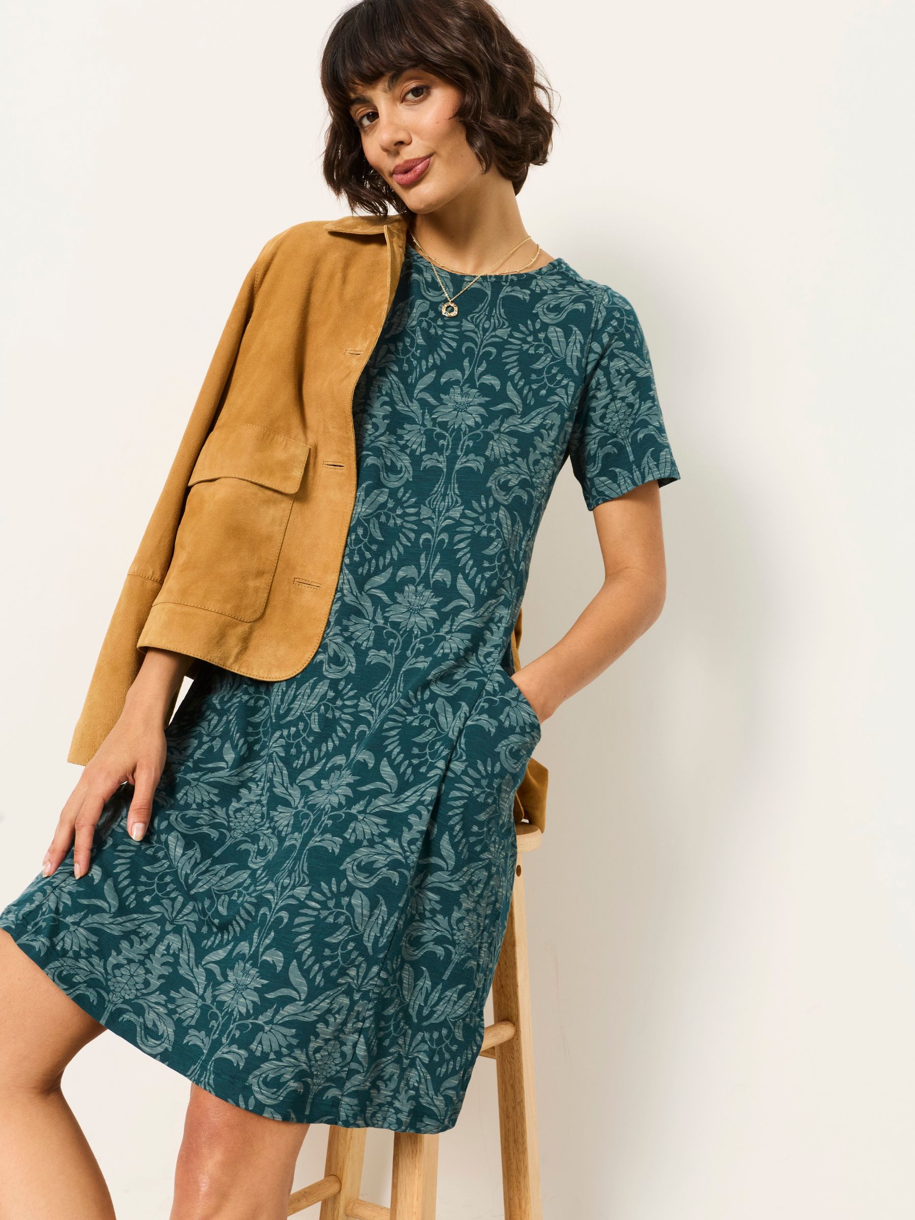 Teal Blue Damask - Floral Jersey Dress