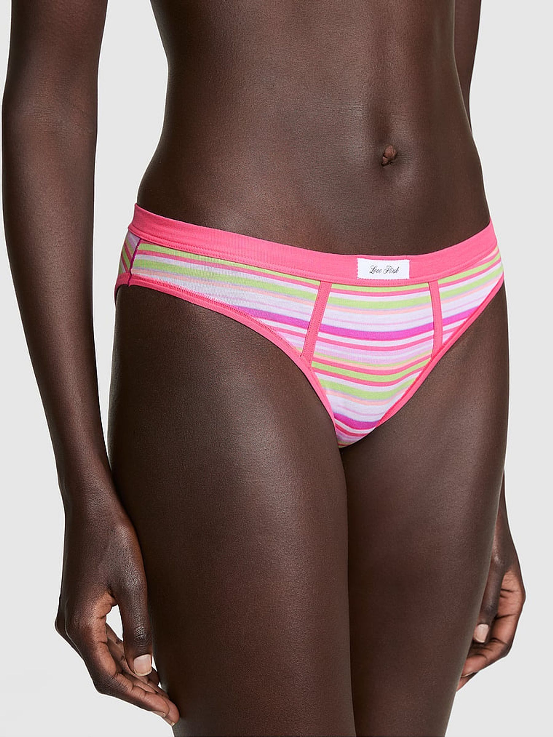 Love Pink Stripe Print - Thong Cotton Mesh Detail Knickers