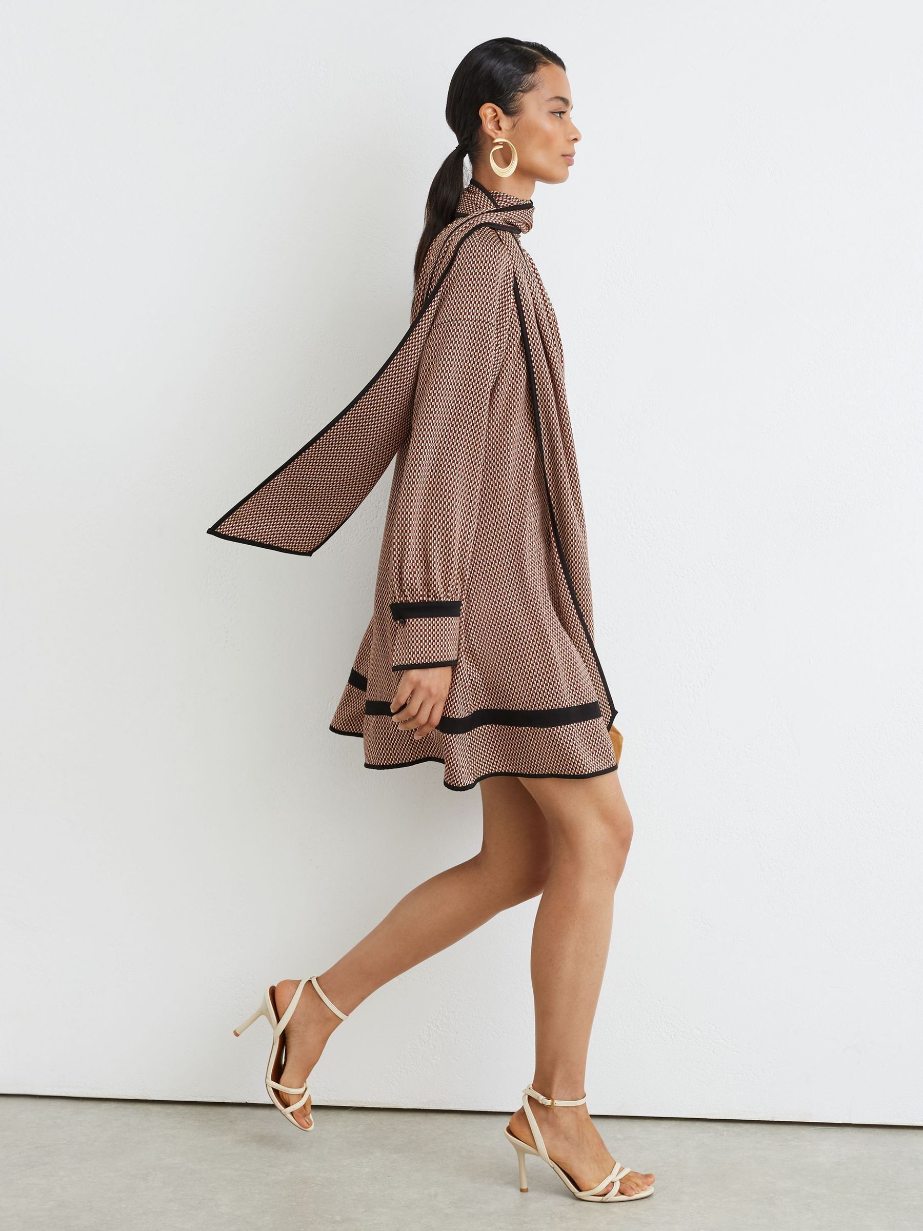 Red - Printed Scarf-neck Swing Mini Dress