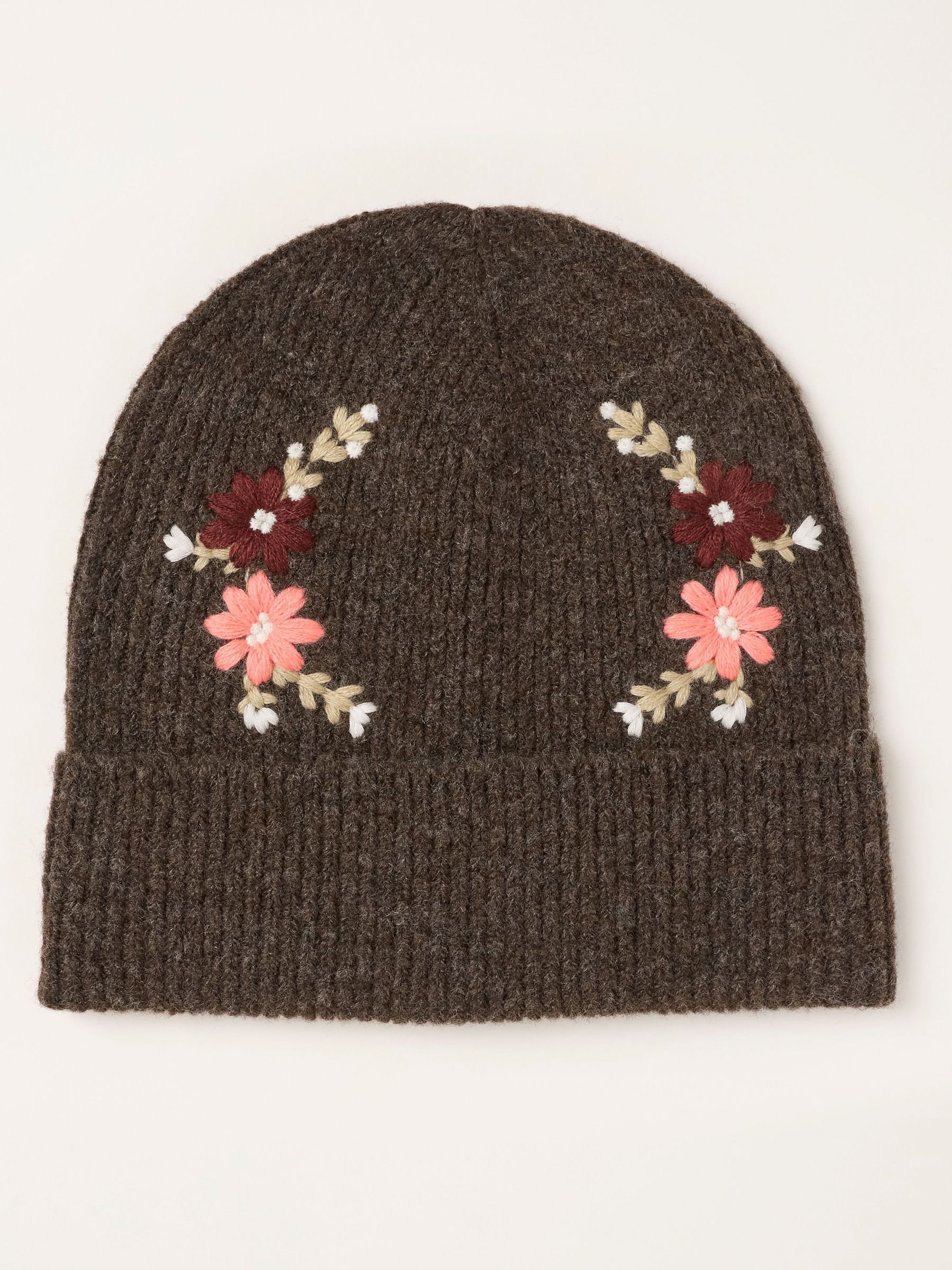 Brown - Flower Embroidered Beanie
