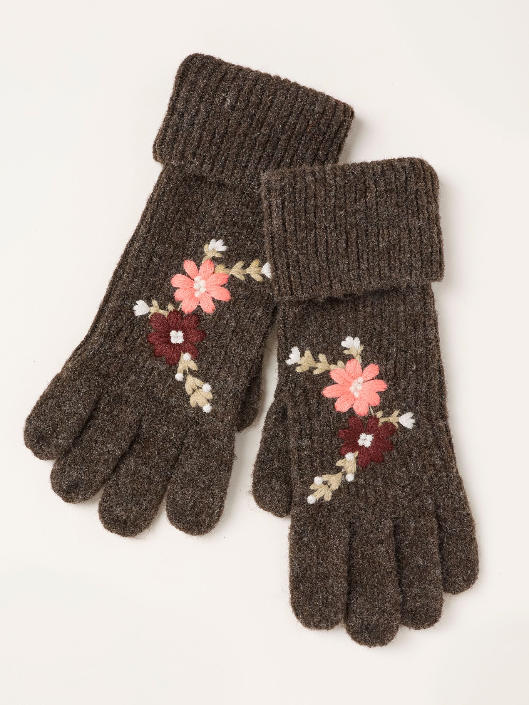 Brown - Floral Embroidered Gloves