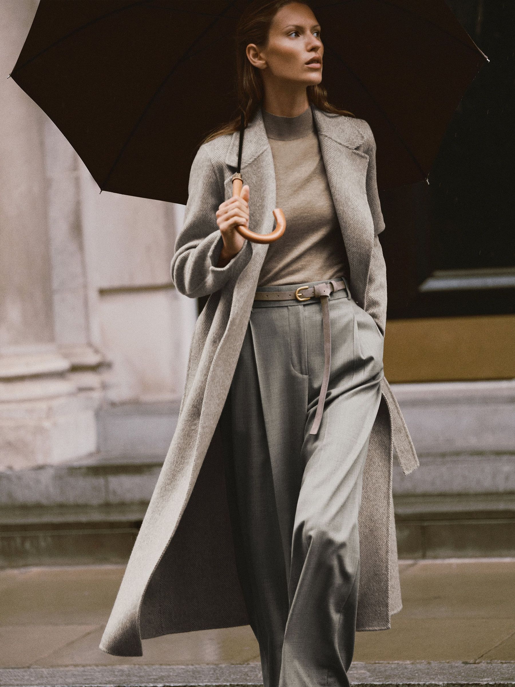 Light Grey - Herringbone Double-breasted Blind-seam Coat Wool-blend