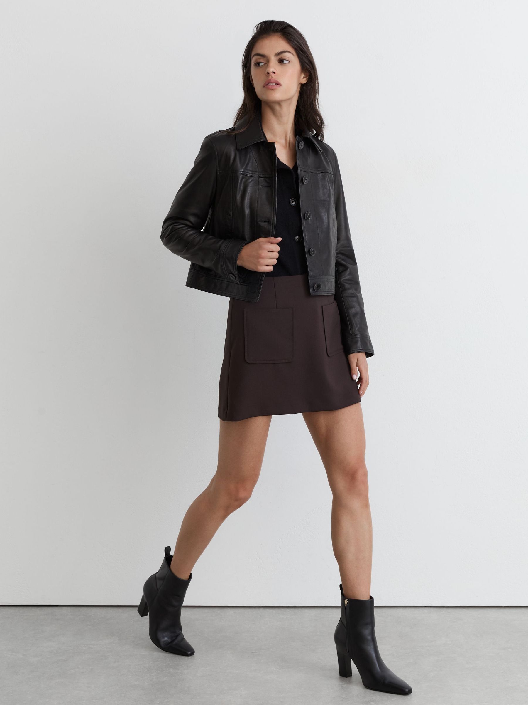 Black - Leather Chisel-toe Block-heel Ankle Boots