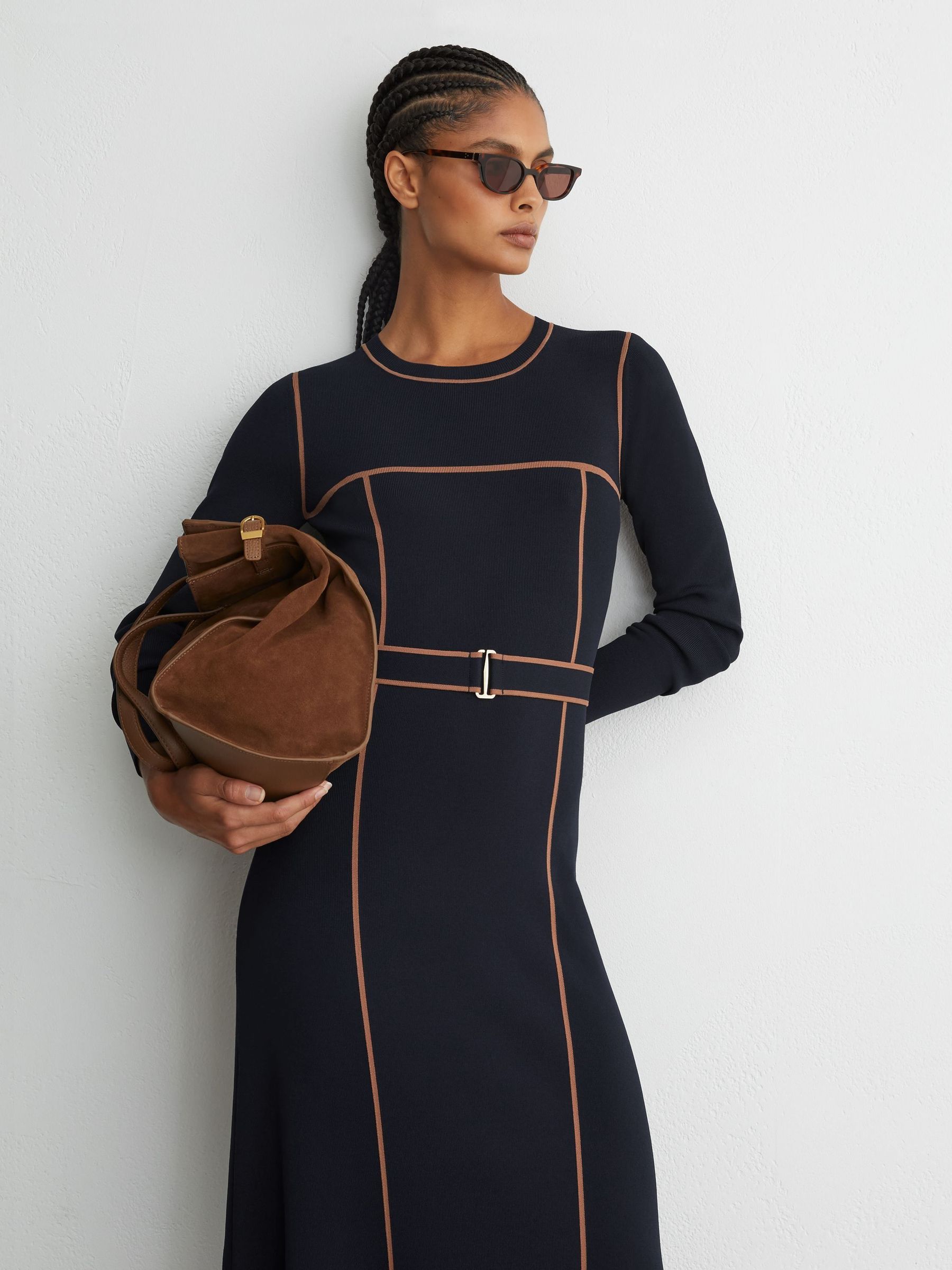 Navy/Camel - Colour-block Knitted Midi Dress