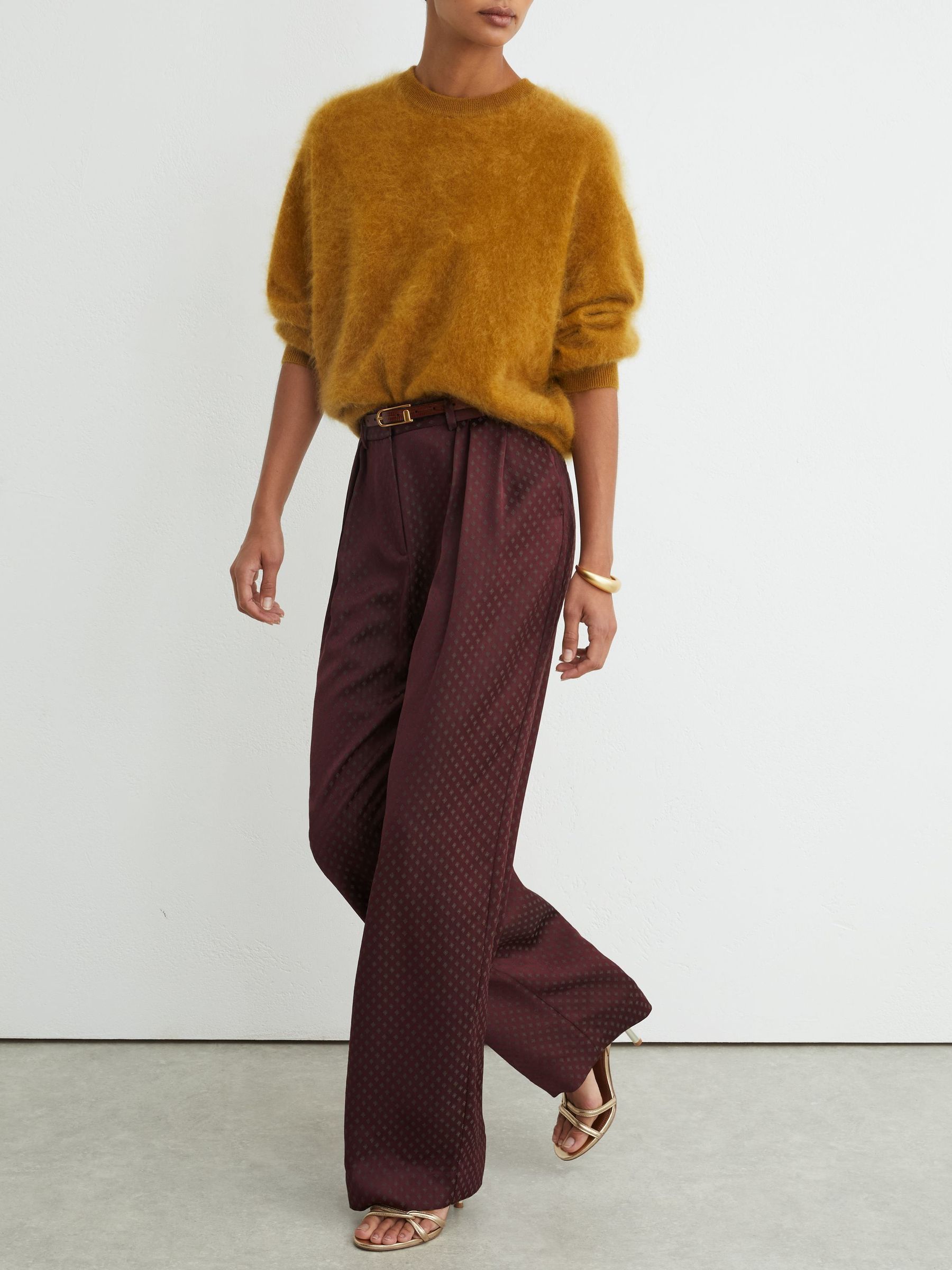 Burgundy Red - Jacquard Wide-leg Pleated Trousers
