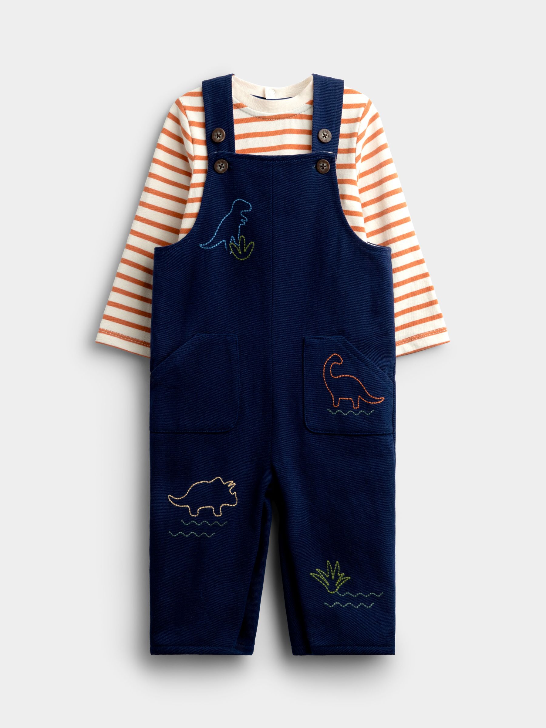 Navy Blue - Dino Stab Stitch Embroidered Dungaree Set