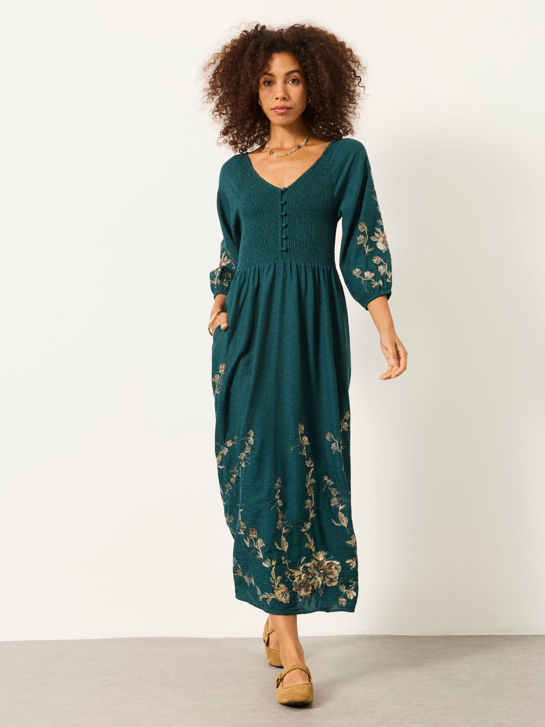 Teal Blue - Metallic Embroidered Midi Dress