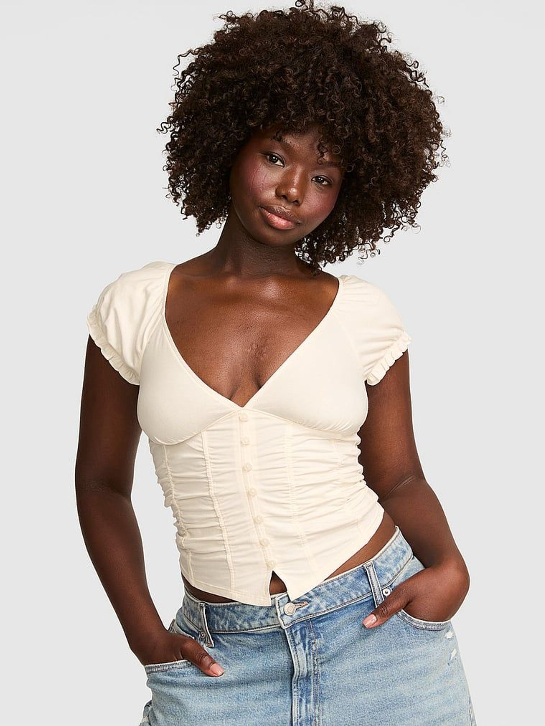 Winter White - Ruched Plunge Buttonup Top