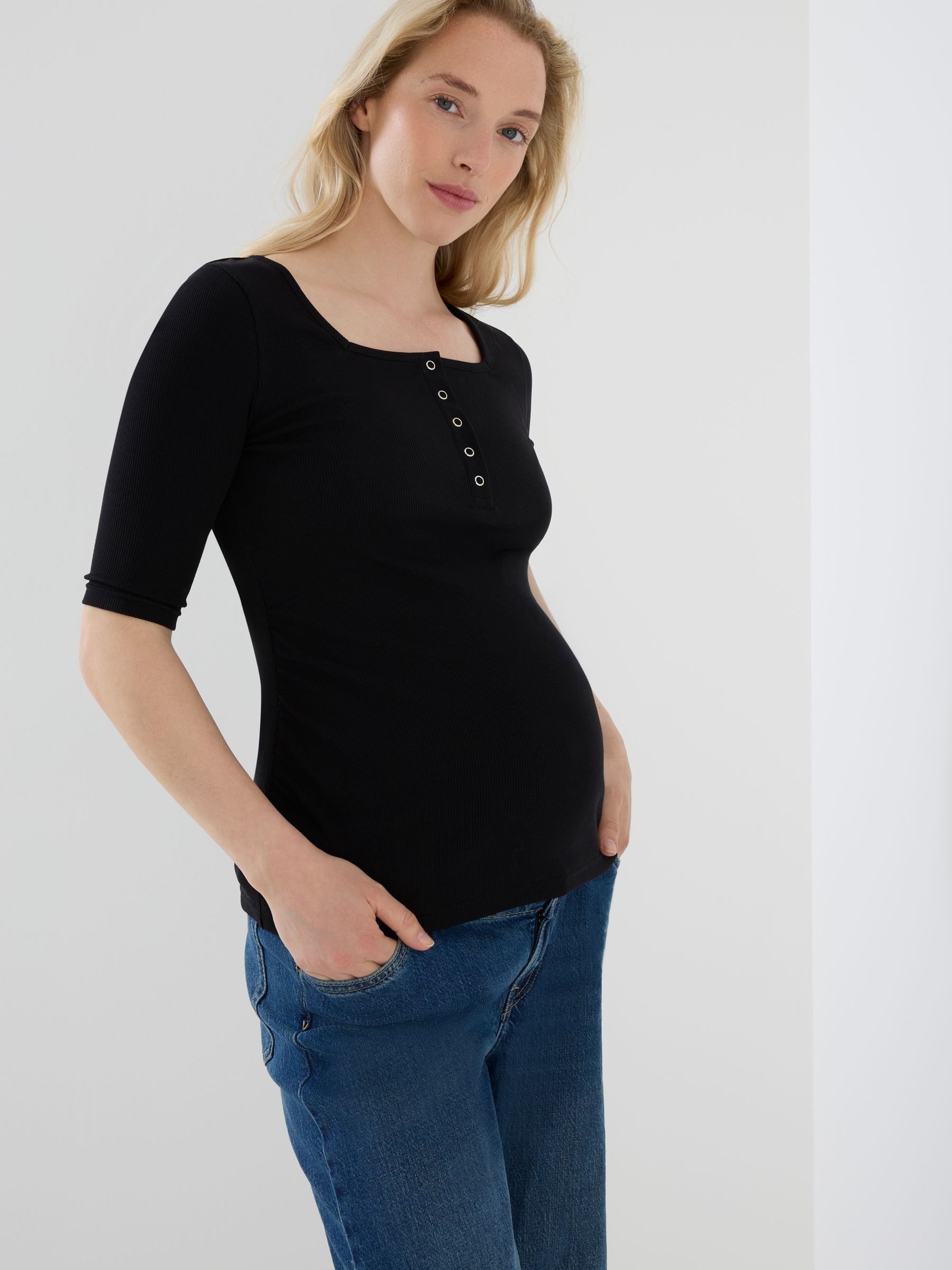 Black - Popper Front Ribbed Maternity Top