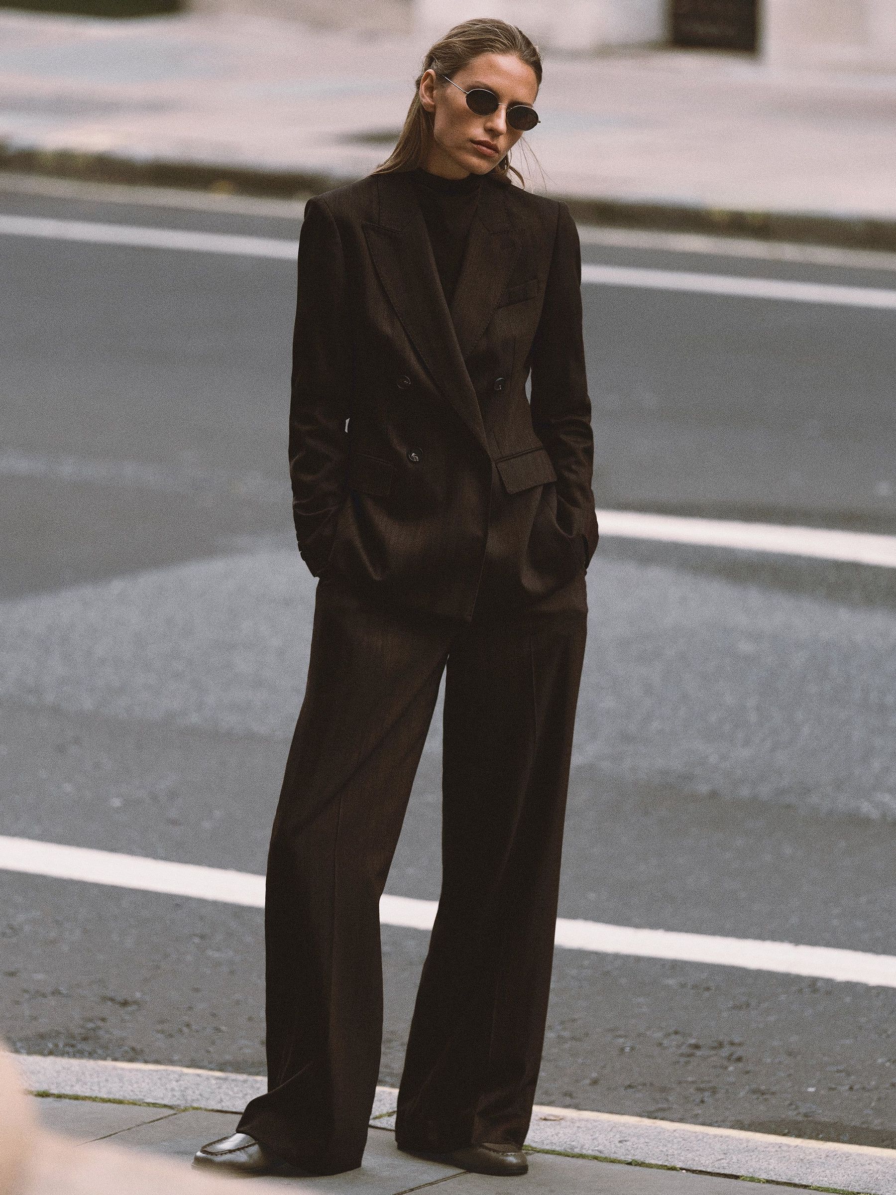 Chocolate Brown - Wool-blend Herringbone Wide-leg Trousers
