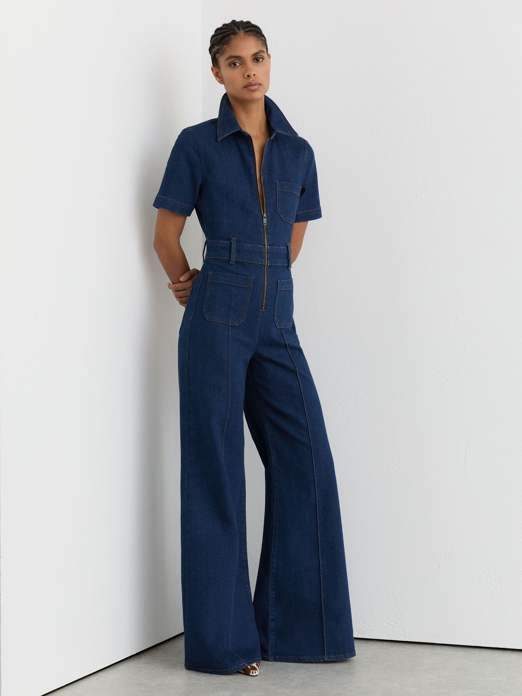 Wide-Leg Zip-Through Denim Jumpsuit in Indigo Blue (G49914) | $410