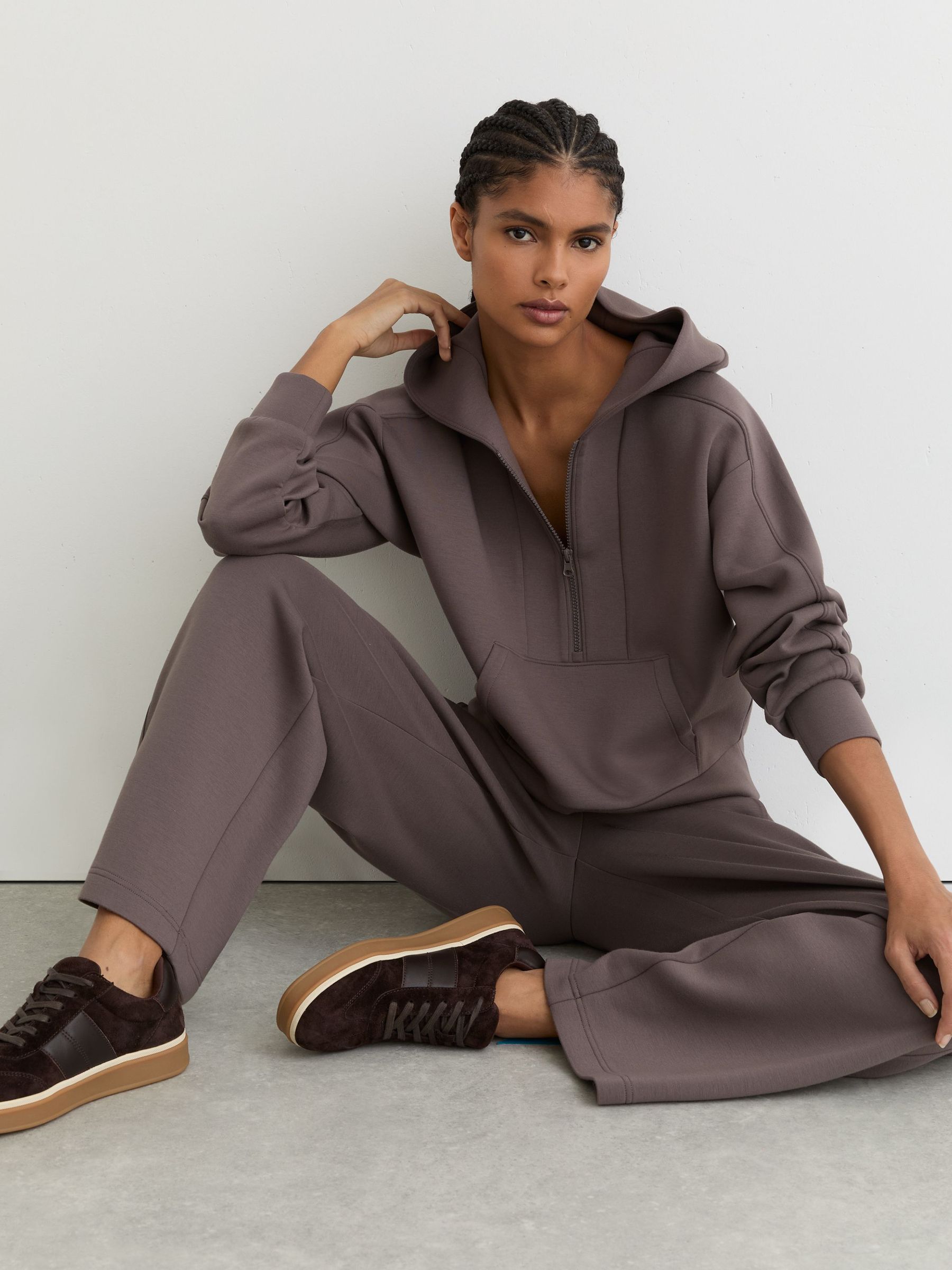 Premium Interlock Half-Zip Hoodie in Taupe Brown (G50819) | CA$270