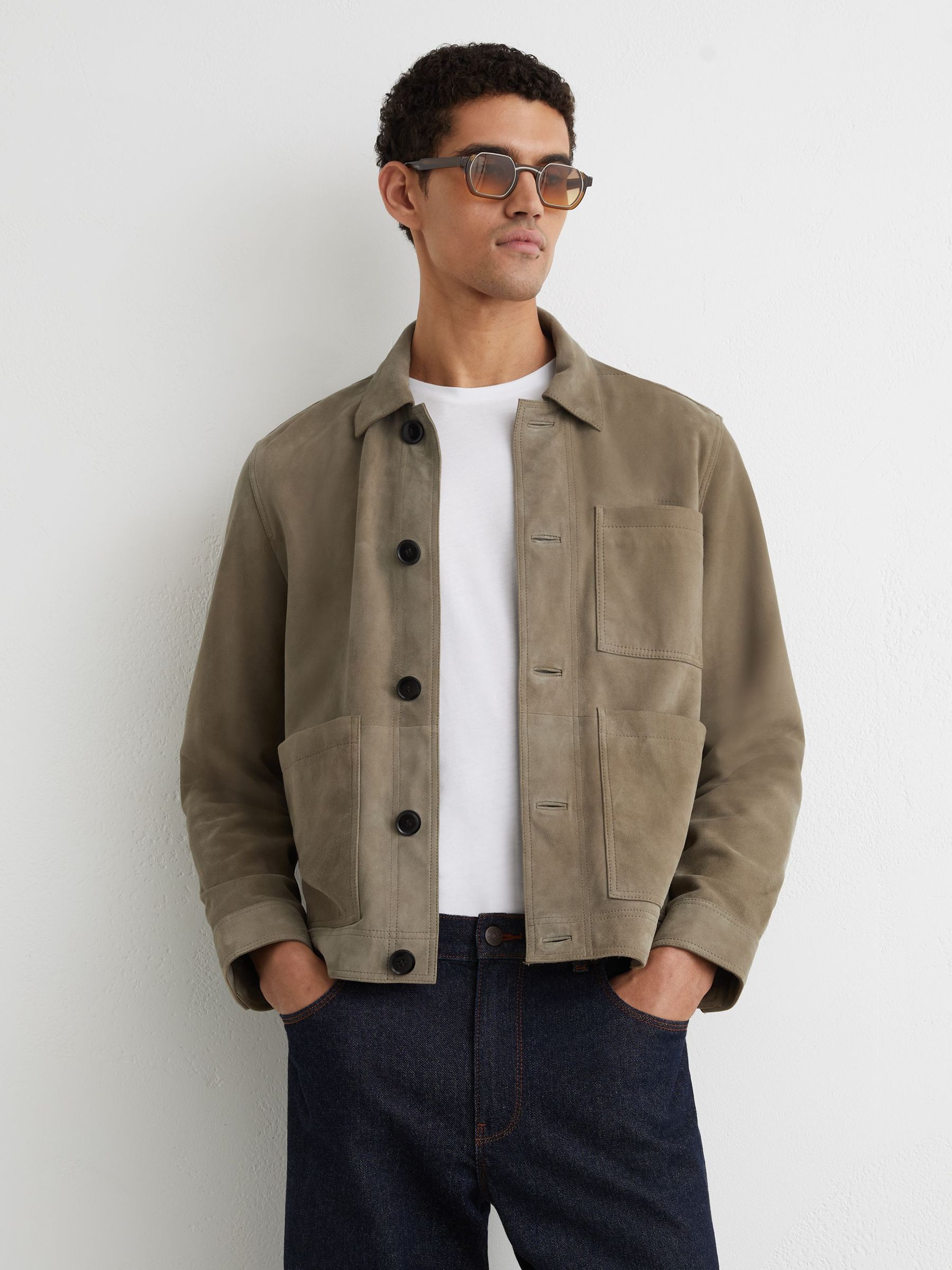 Suede Patch-Pocket Worker Jacket in Soft Sage Green (G54362) | $680