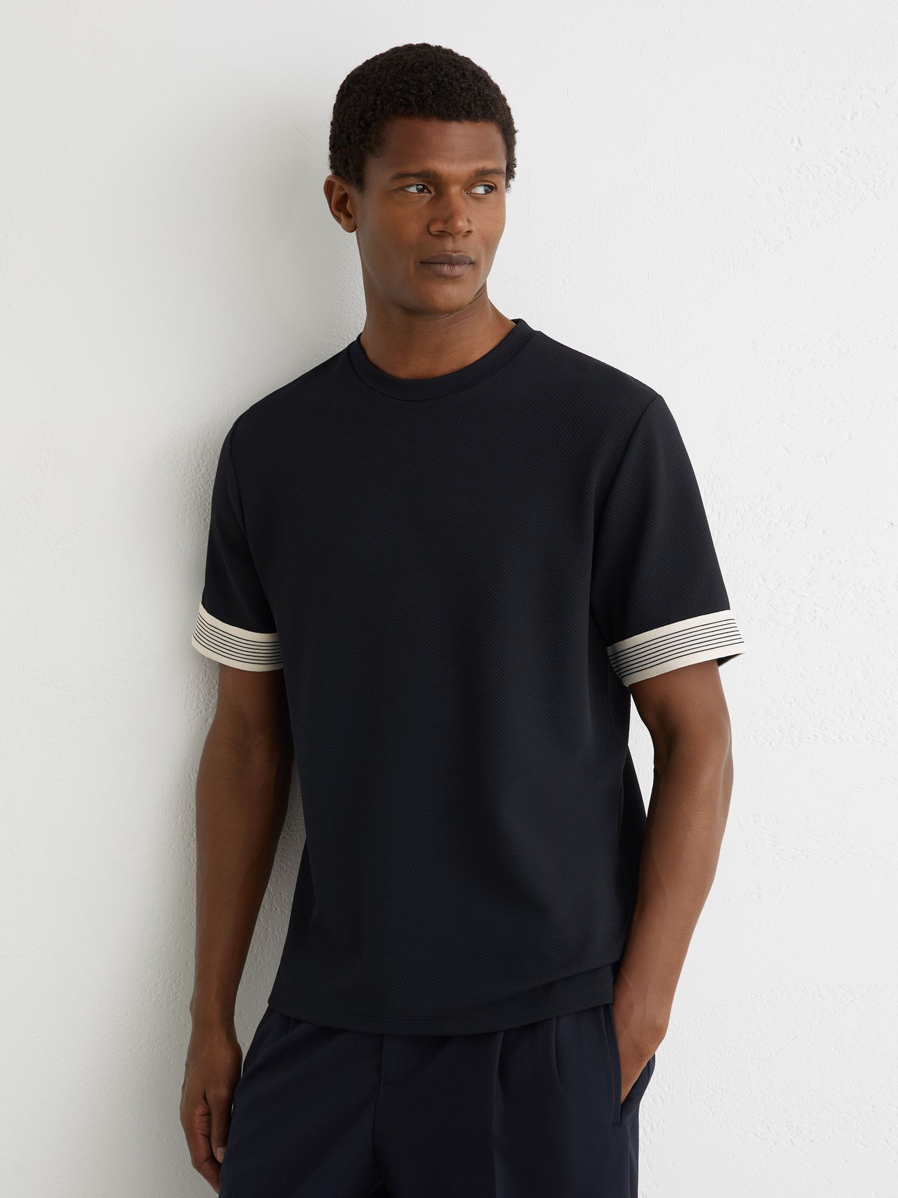 Textured Tape-Cuff T-Shirt in Navy (G54370) | $130